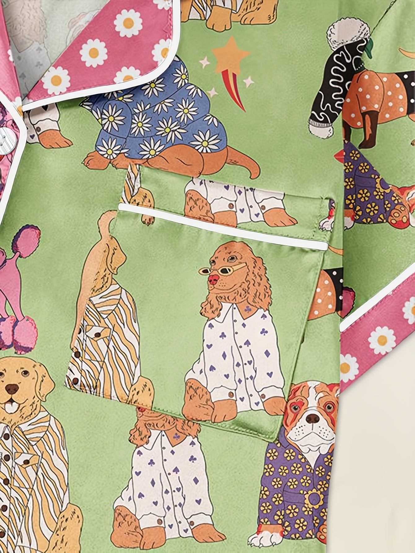 Womens Dog Print Pajama Set Satin Blend With Pocket Shorts