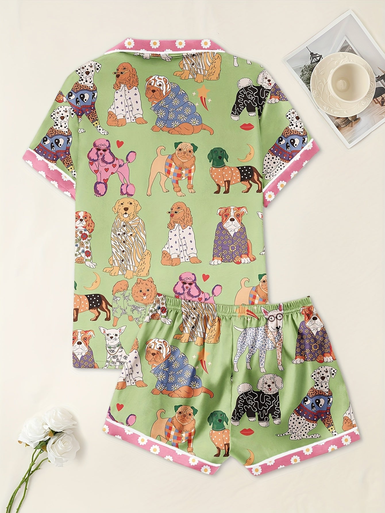 Womens Dog Print Pajama Set Satin Blend With Pocket Shorts