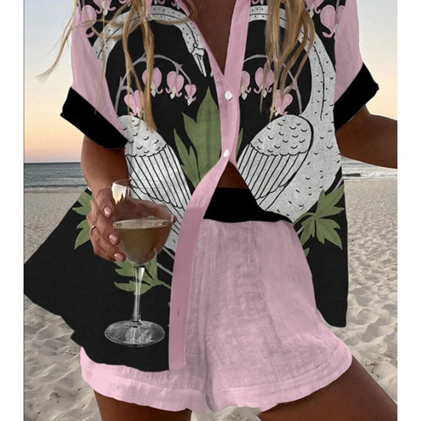 Spring Summer Fashion Women Printed Loose Short Sleeve Set