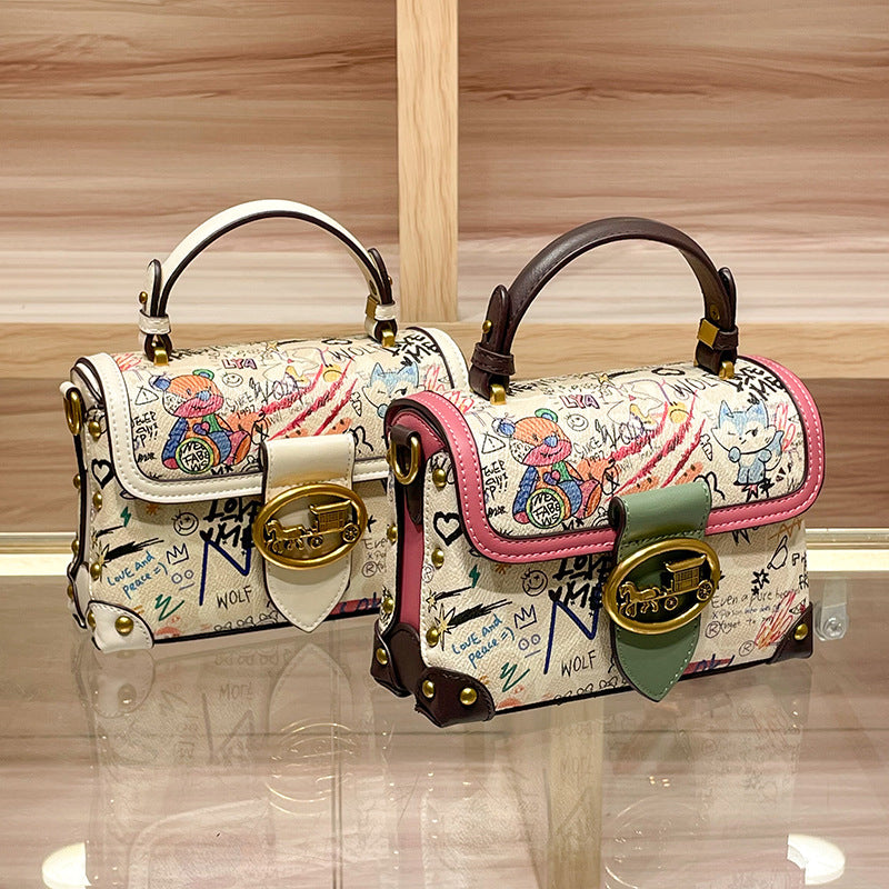 Genuine Leather Graffiti Bear Crossbody Handbag With Zipper