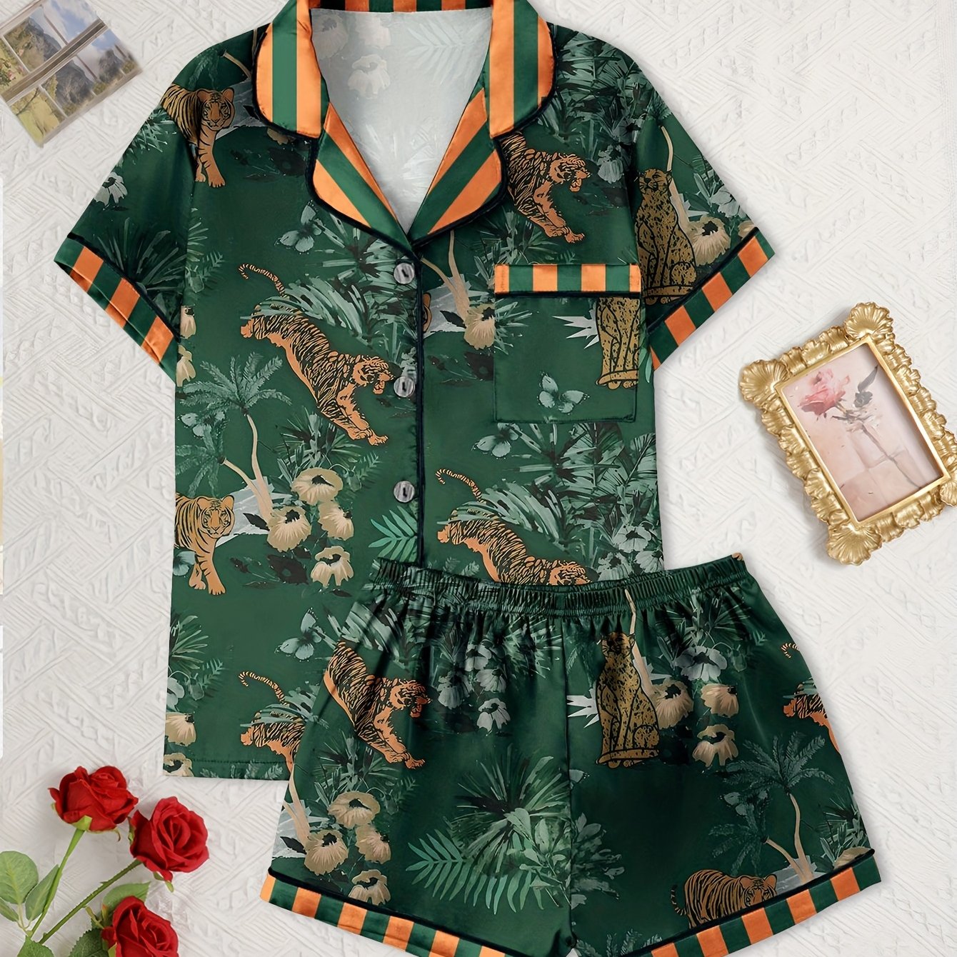 Jungle Print Satin Polyester Womens Casual Loungewear Set