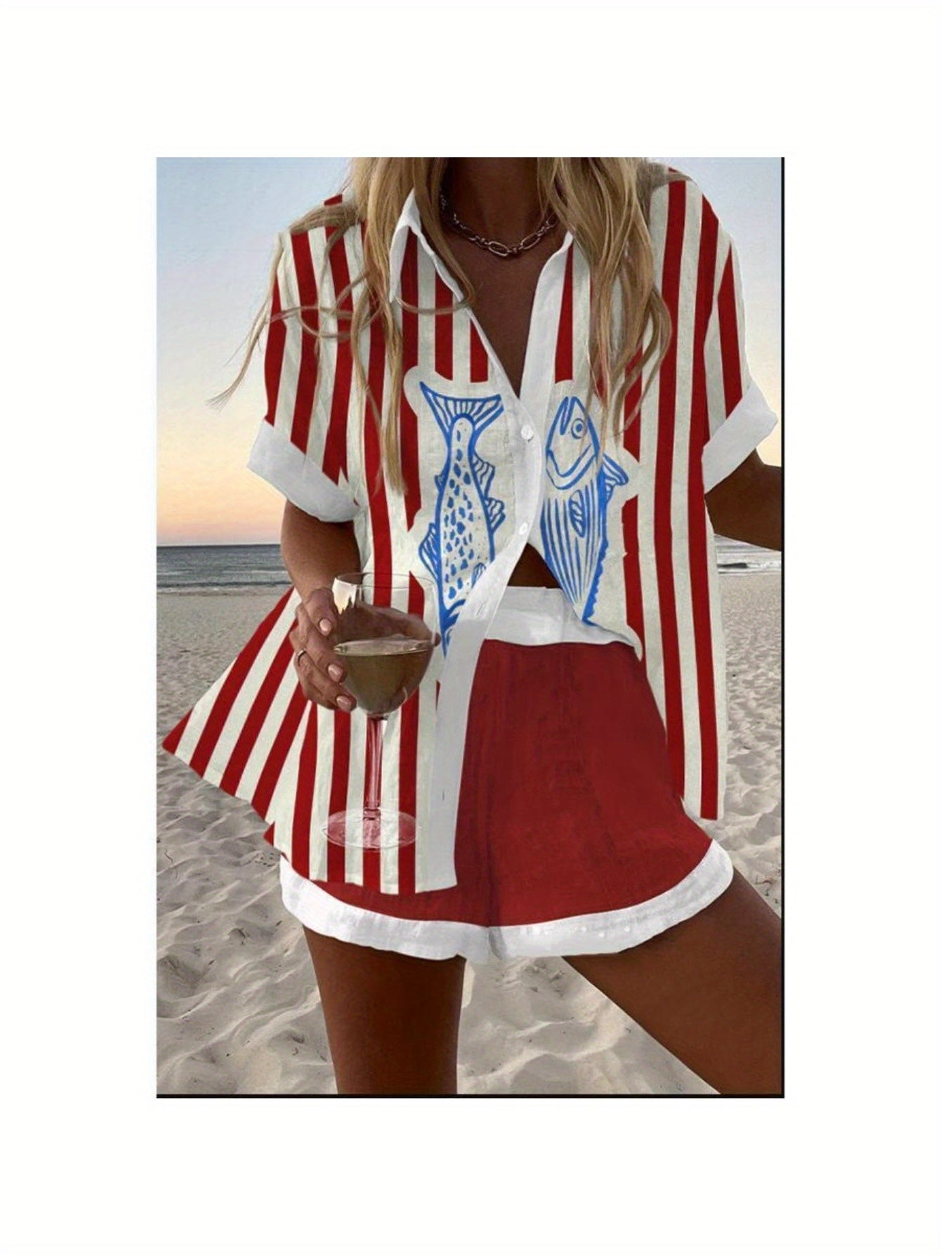 Spring Summer Fashion Women Printed Loose Short Sleeve Set