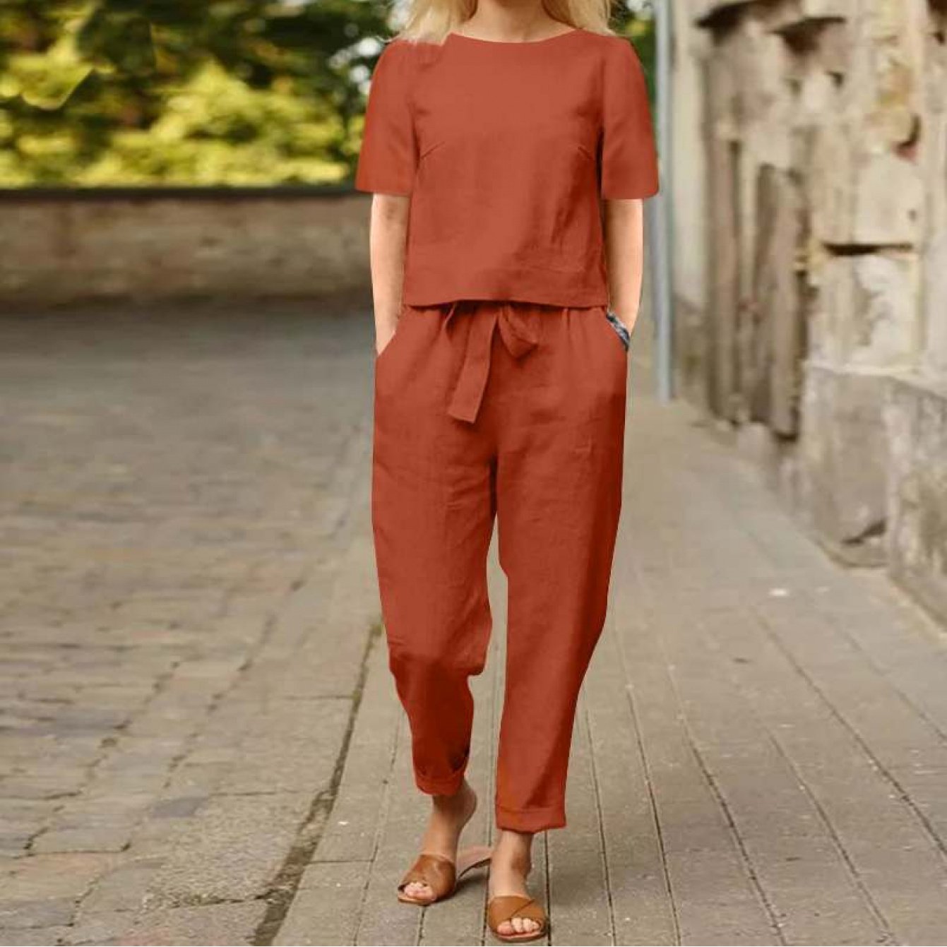Womens Linen Summer Retro Matching Set With Oversized Blouse
