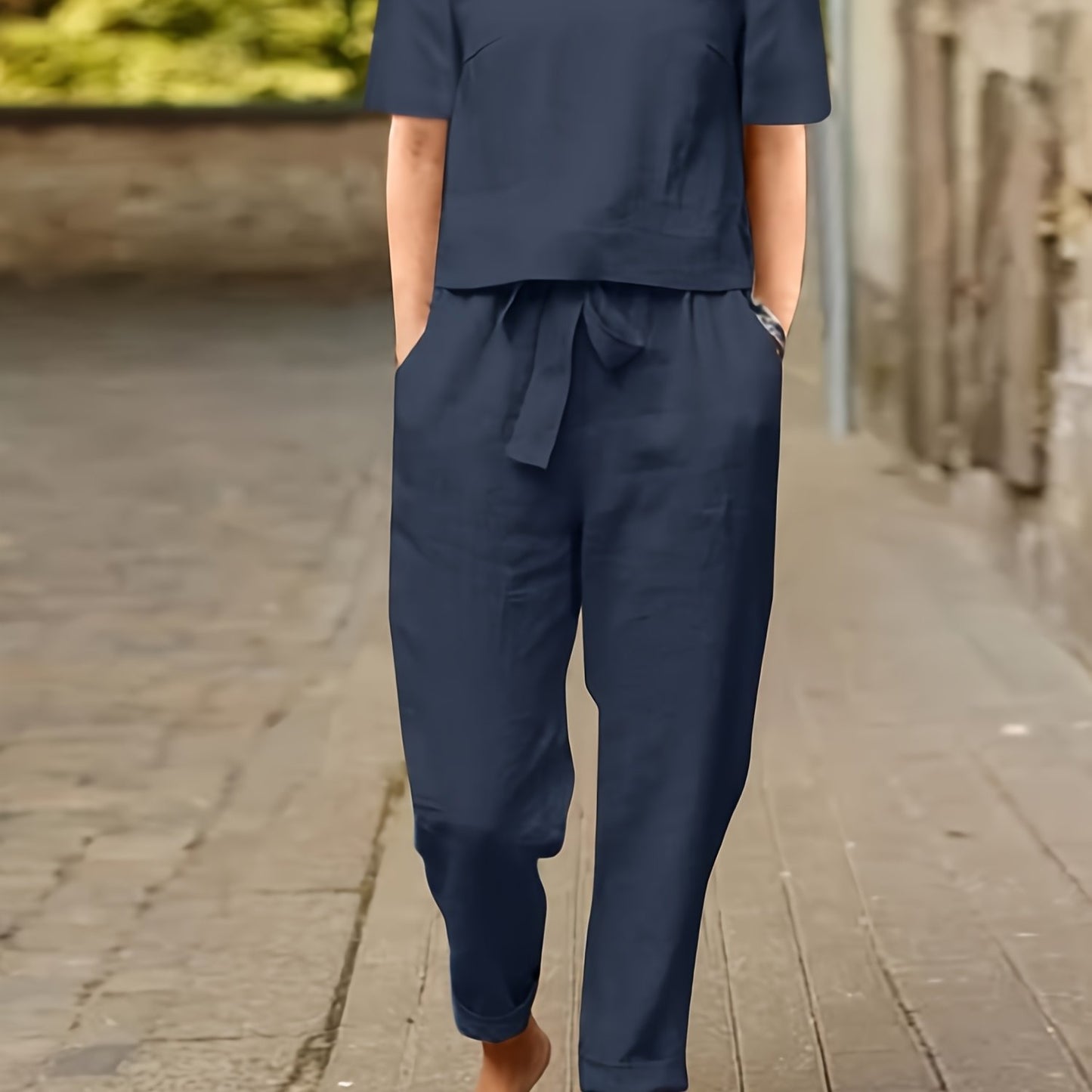 Cotton Womens 2 Piece Short Sleeve Wide Leg Pajama Set