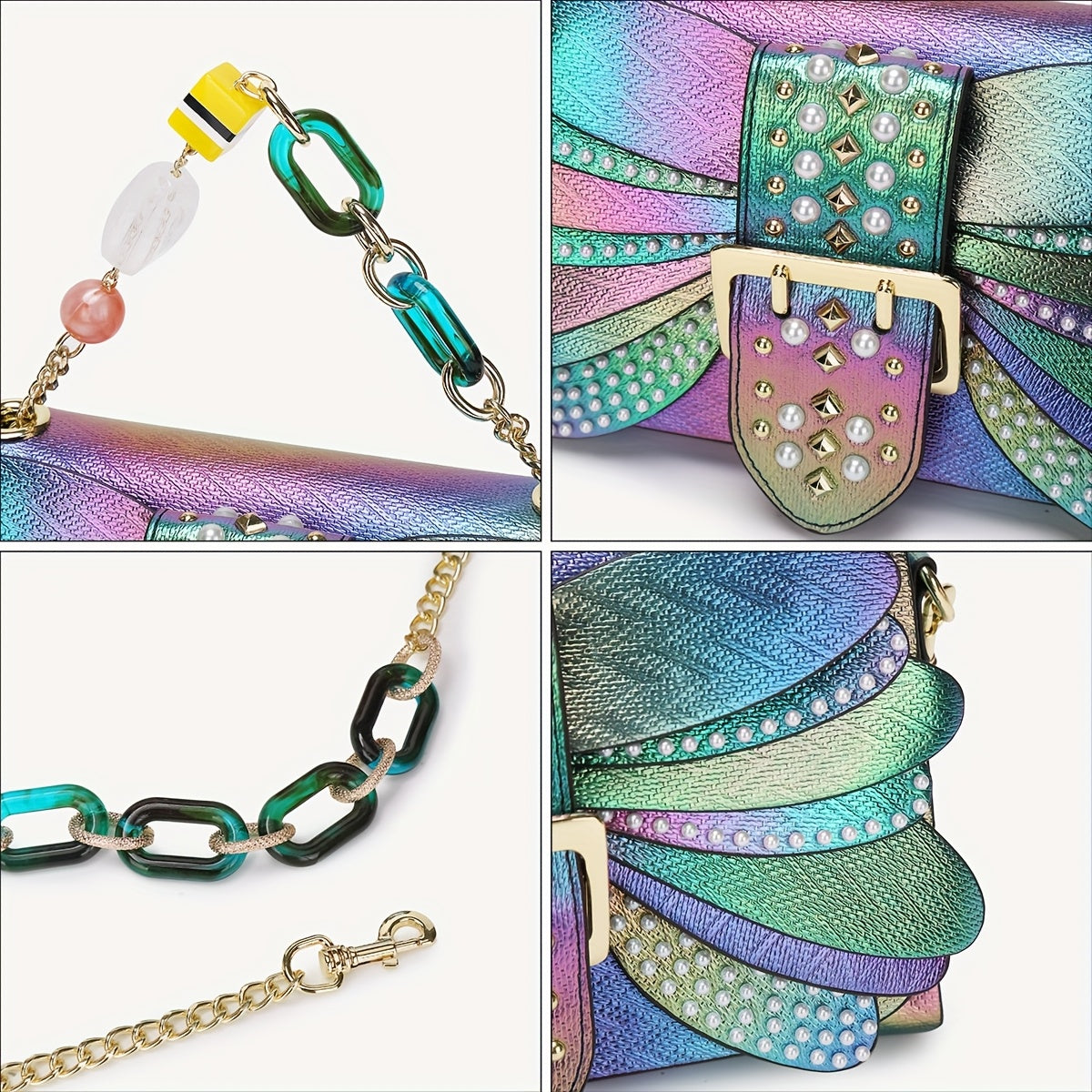 Rivet Wing Bag With Trim Chain Gradient Dragonfly Clutch