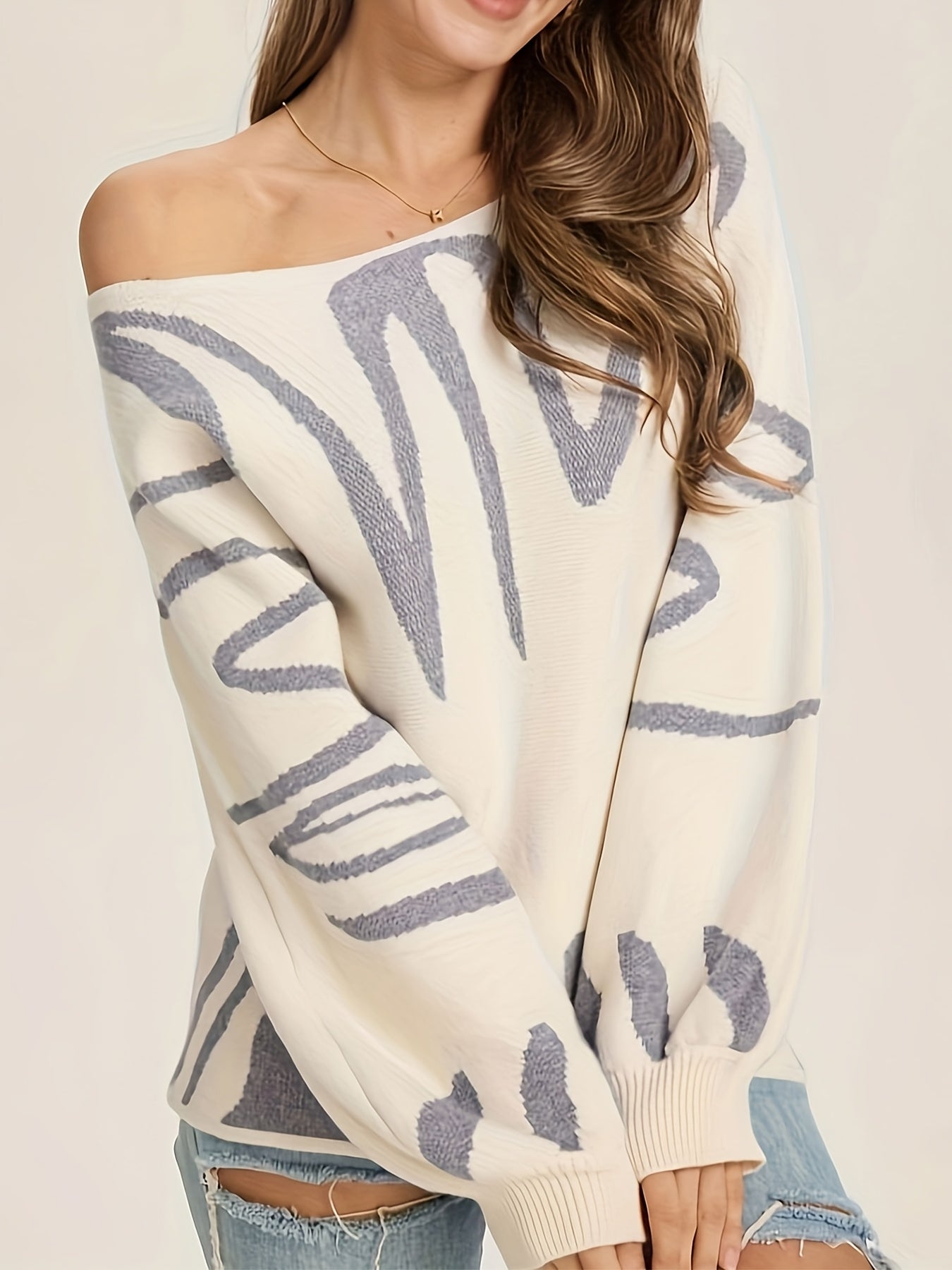 Random Pattern Boat Neck Pullover Sweater Lantern Sleeve