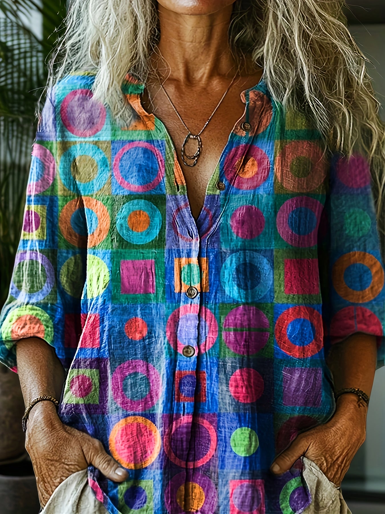 Boho Geometric Print Button Shirt For Women Loose Fit