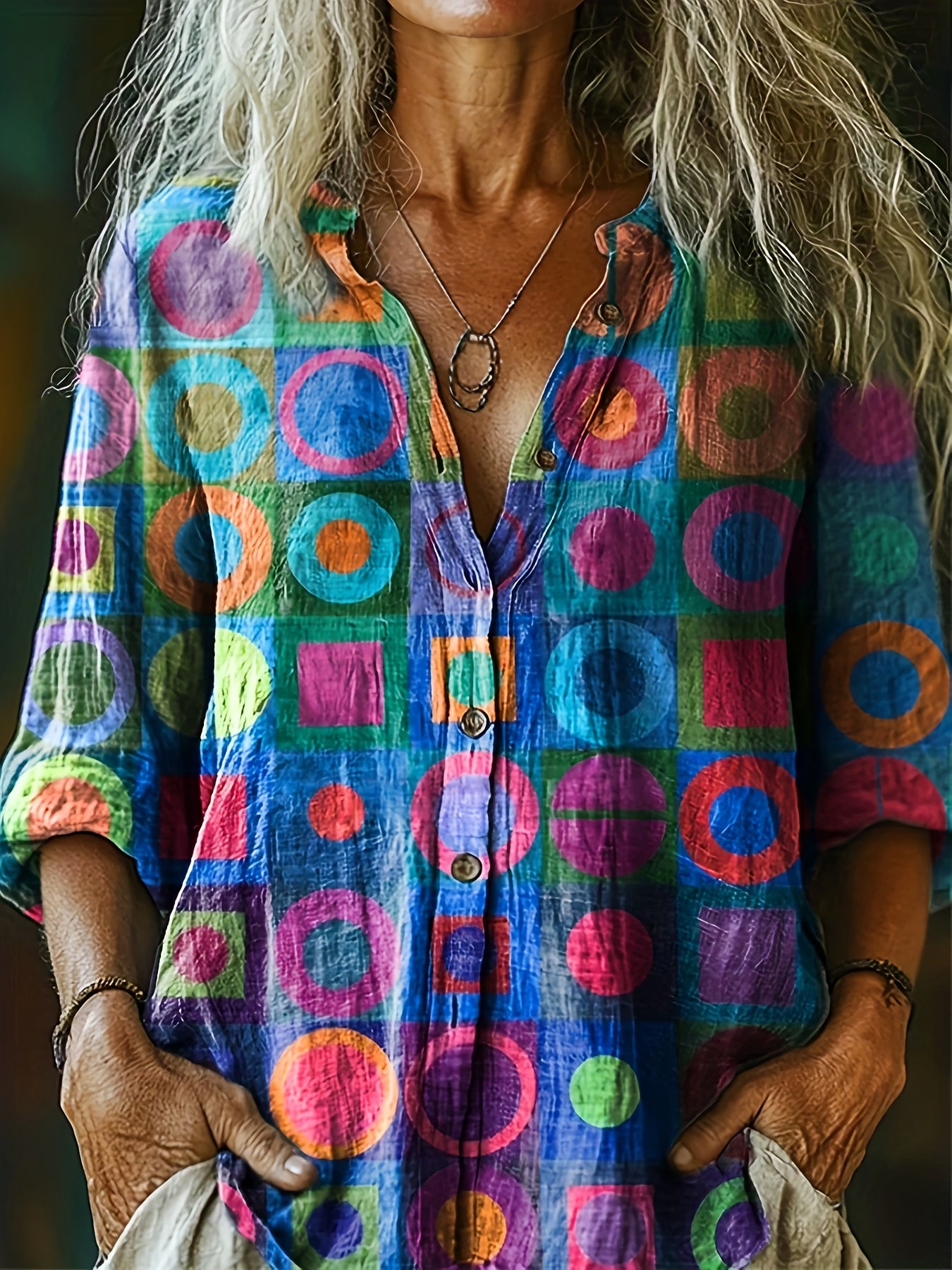 Boho Geometric Print Button Shirt For Women Loose Fit