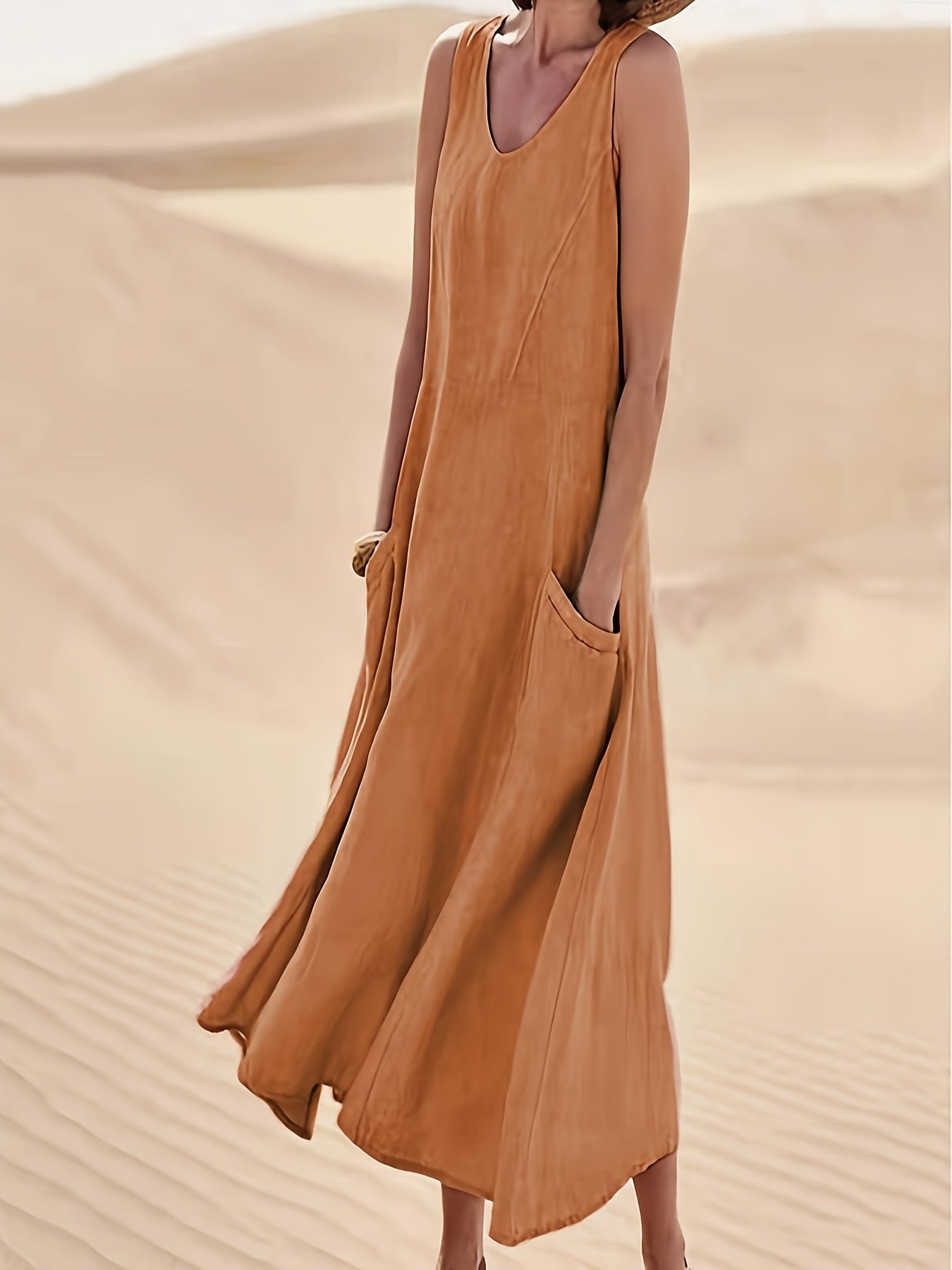 Cotton Linen Summer V Neck Sleeveless Long Dress For Women