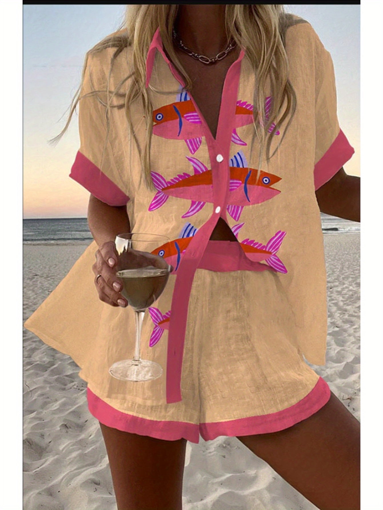 Spring Summer Fashion Women Printed Loose Short Sleeve Set