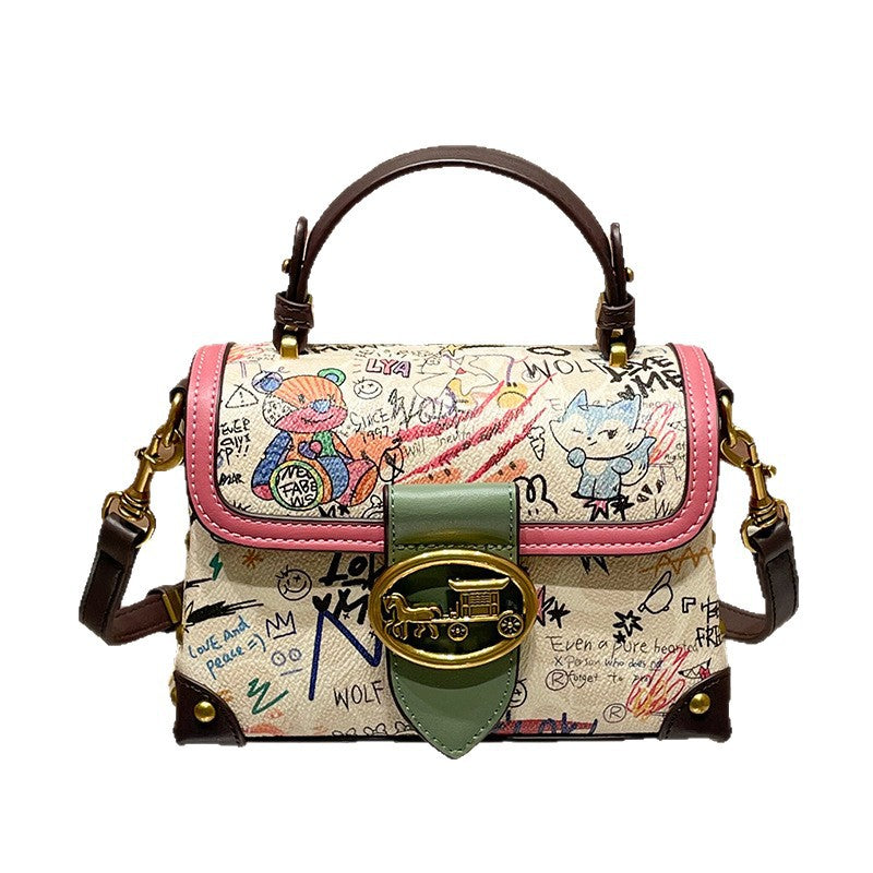 Genuine Leather Graffiti Bear Crossbody Handbag With Zipper