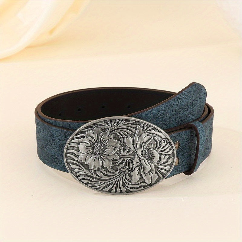 Womens Casual Textured Belt Embossed Floral Buckle