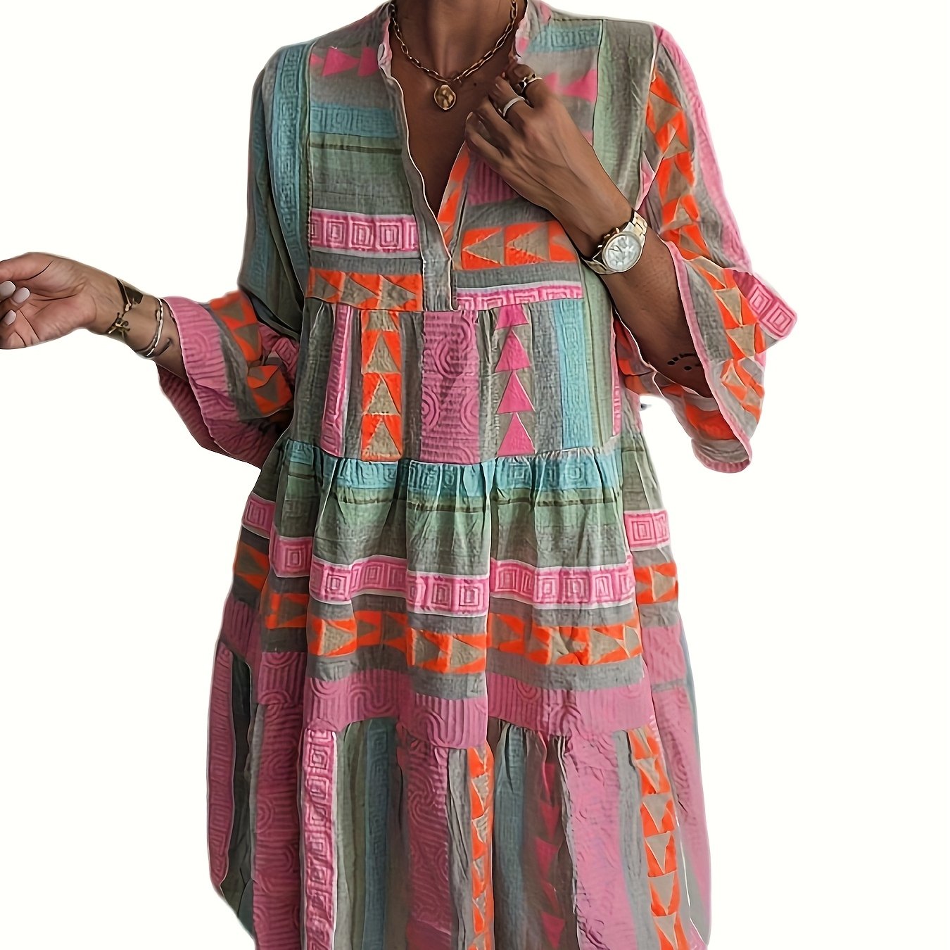 European American Autumn Print V Neck Quarter Sleeve Dress