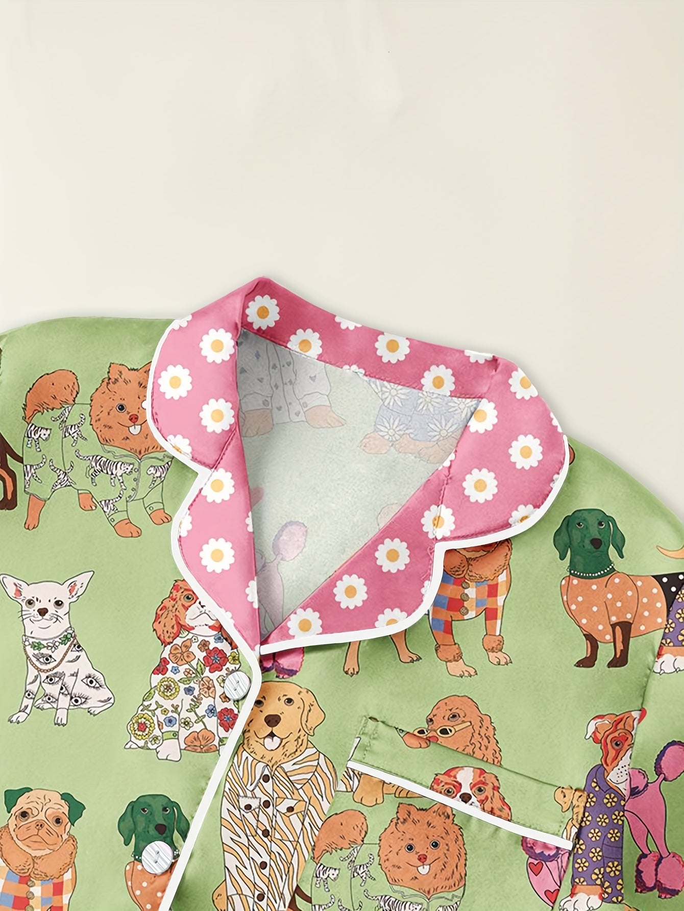 Womens Dog Print Pajama Set Satin Blend With Pocket Shorts