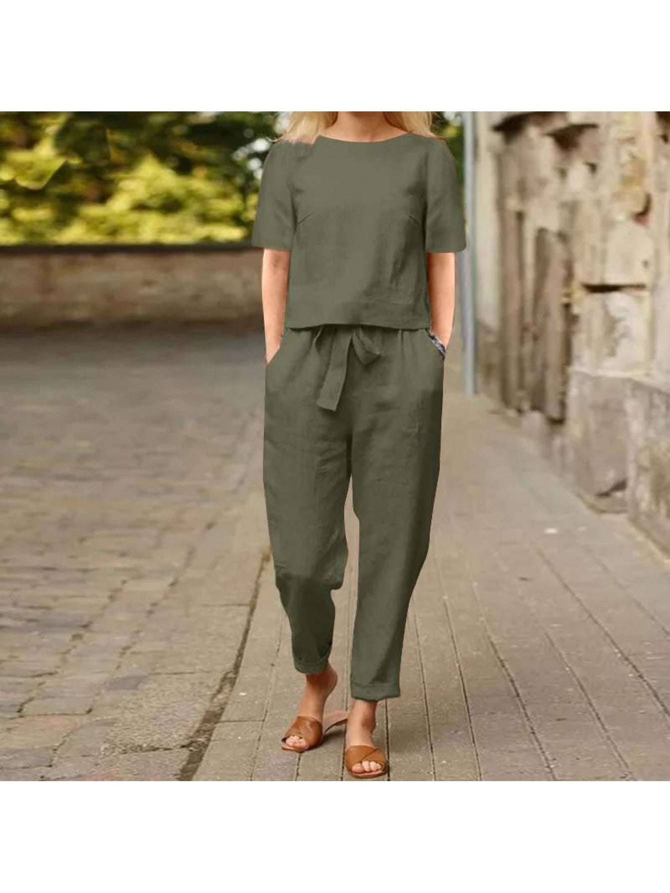 Womens Linen Summer Retro Matching Set With Oversized Blouse