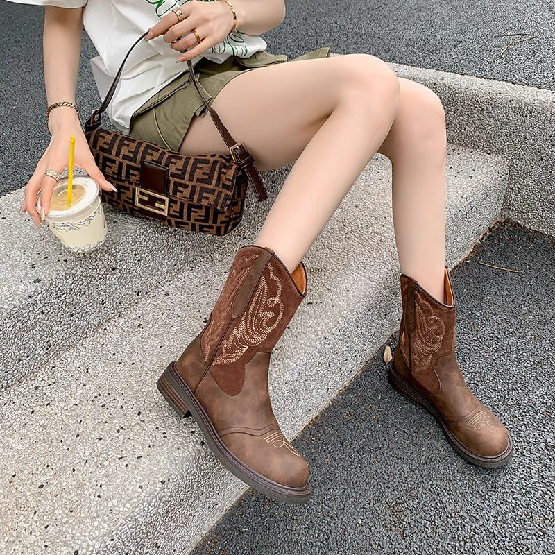 Western Cowboy Boots For Women Slip On Round Toe With Sole