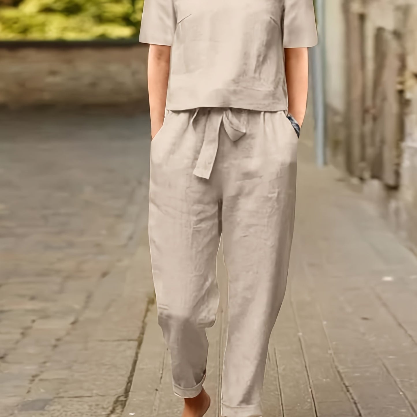 Cotton Womens 2 Piece Short Sleeve Wide Leg Pajama Set