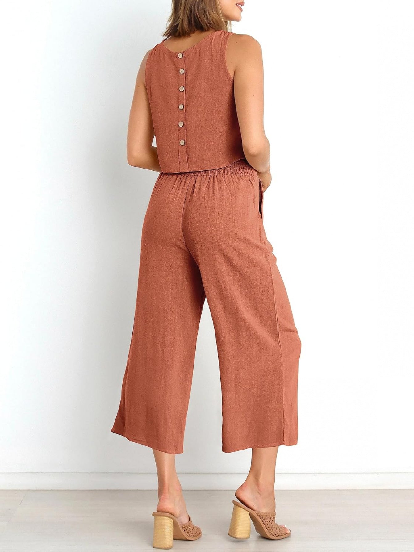 Women Linen Two Piece Jumpsuit Set Beachwear Breathable