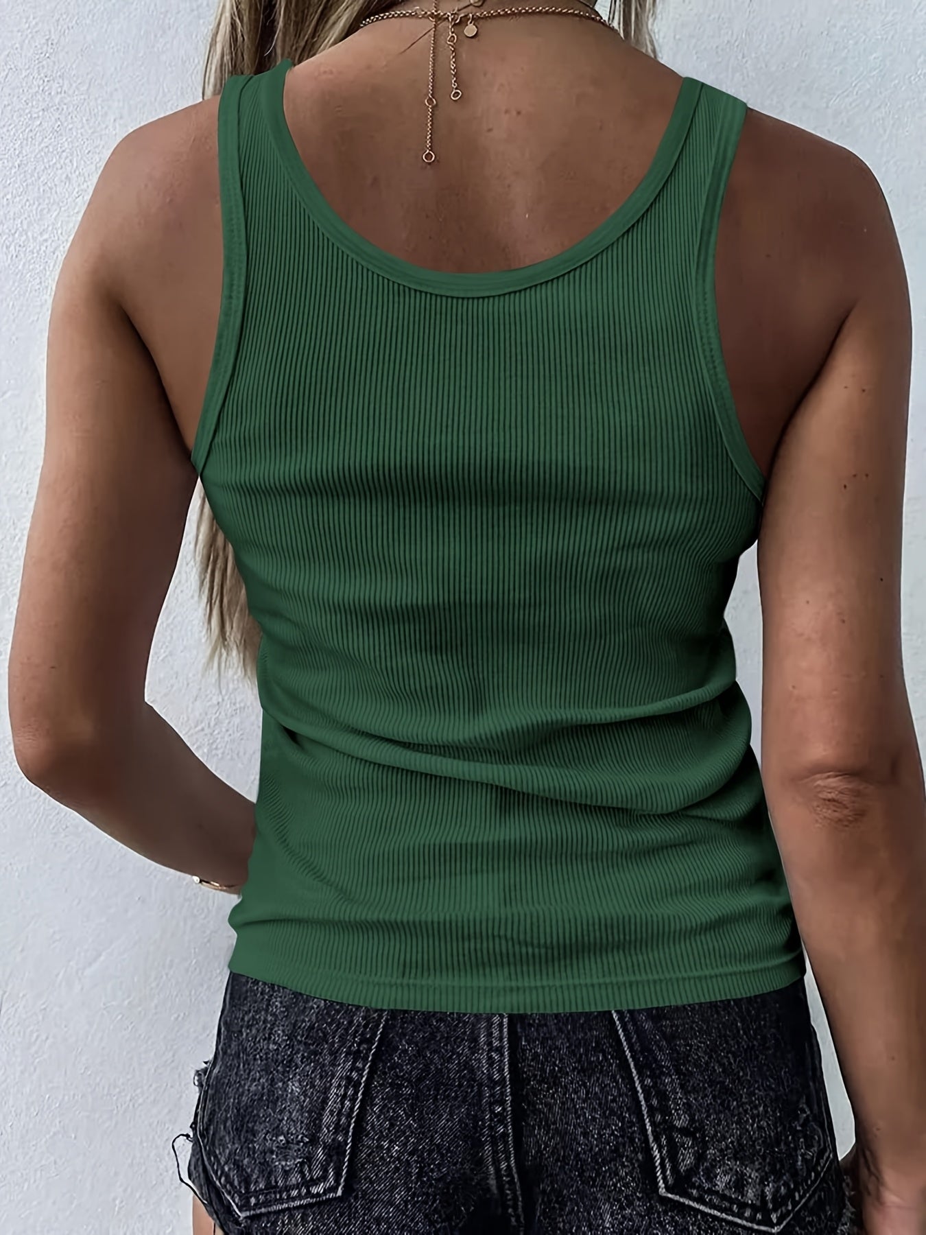 V Neck Rib Knit Tank Top Drawstring Casual Sleeveless