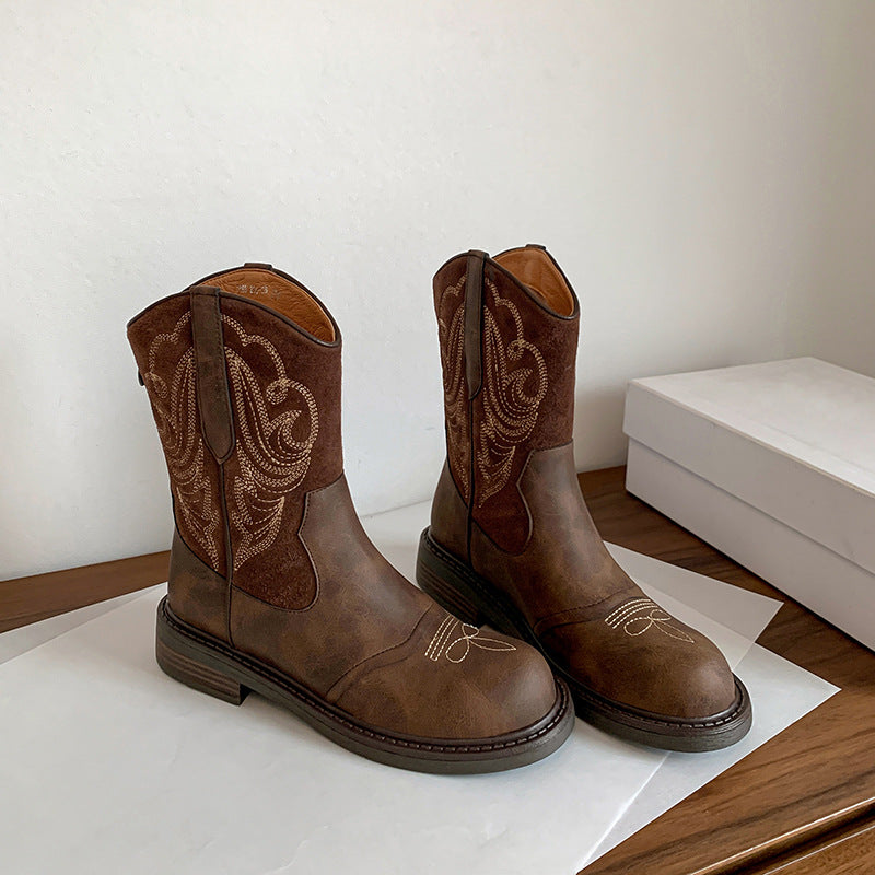 Western Cowboy Boots For Women Slip On Round Toe With Sole