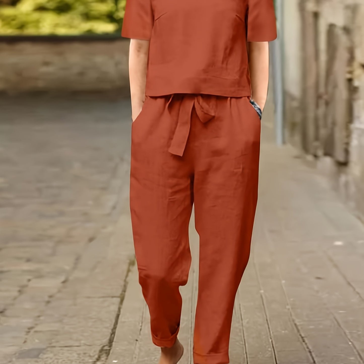 Cotton Womens 2 Piece Short Sleeve Wide Leg Pajama Set