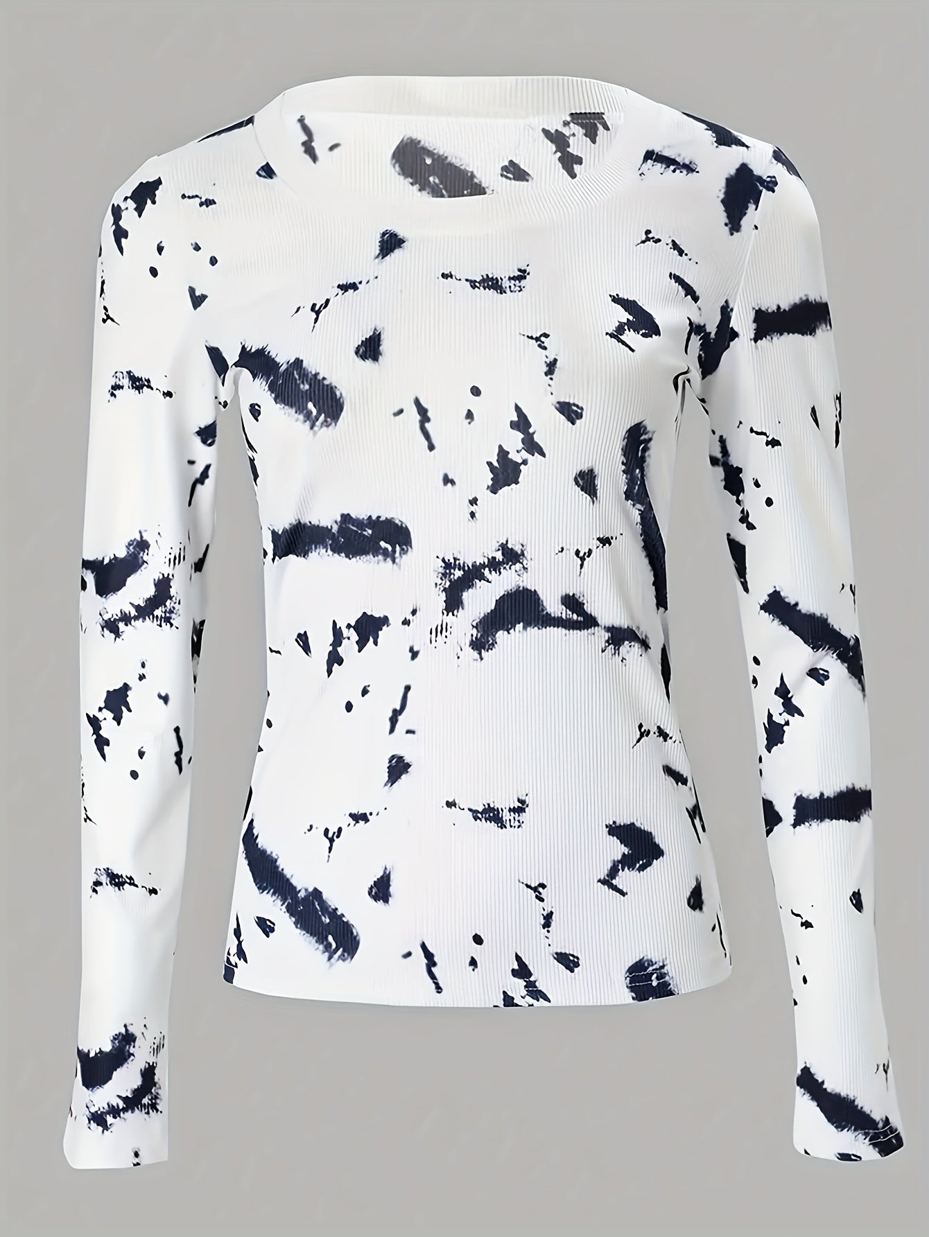 Casual Tie Dye Pullover Round Neck Ribbed Long Sleeve Shirt