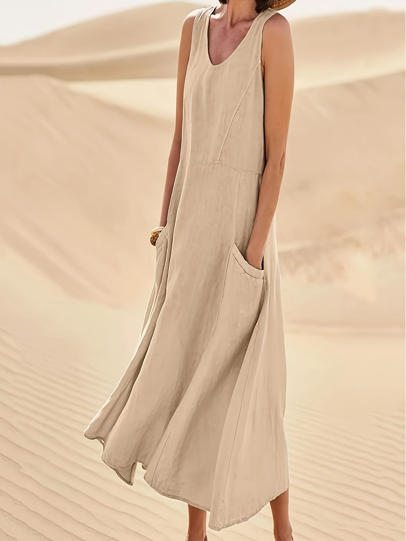 Cotton Linen Summer V Neck Sleeveless Long Dress For Women