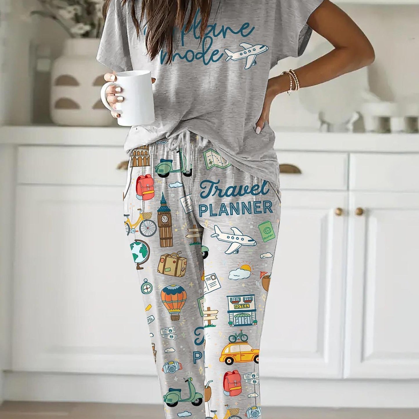 SHESHOW Travel Planner Pajama Set Women Casual Sleepwear