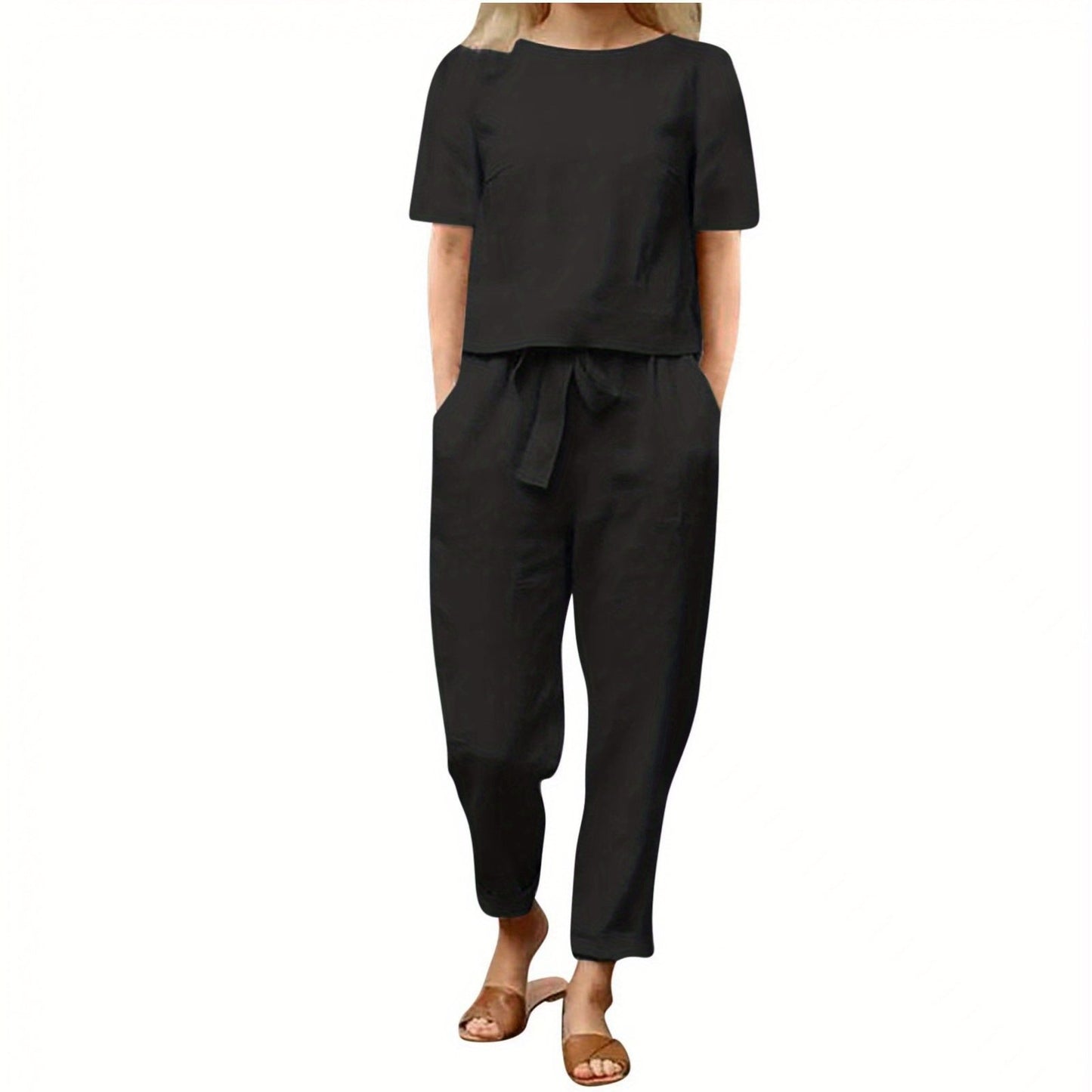 Womens Linen Summer Retro Matching Set With Oversized Blouse