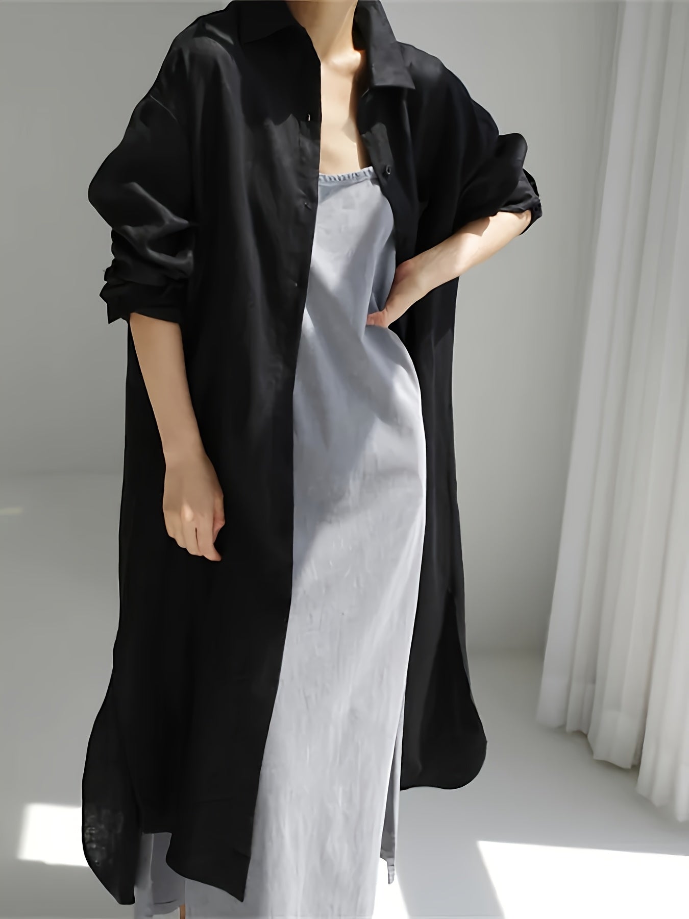 Lapel Collar Linen Shirt Dress Button Front Solid Color