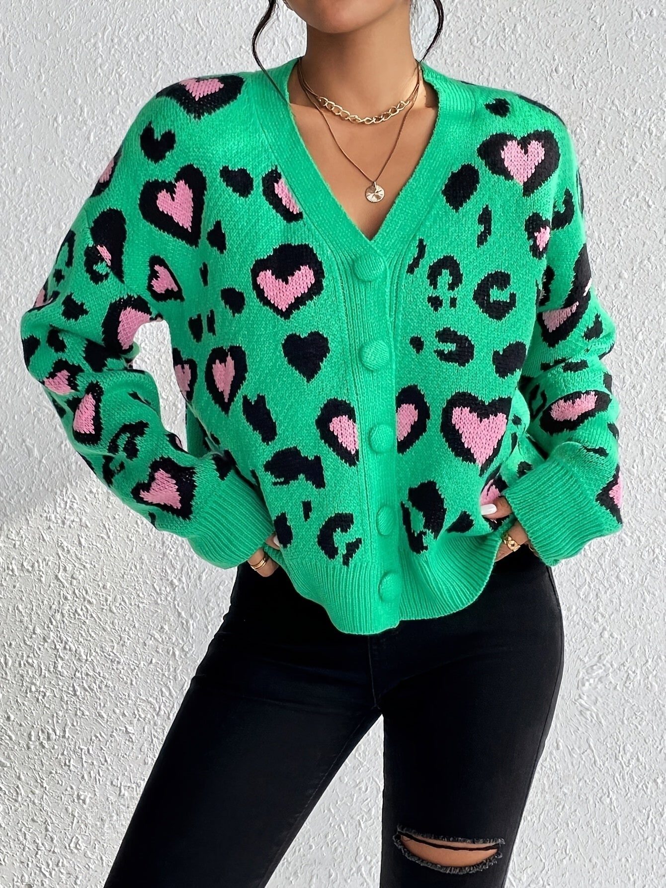 Elegant Leopard Hearts Cardigan Open Front Button Sweater