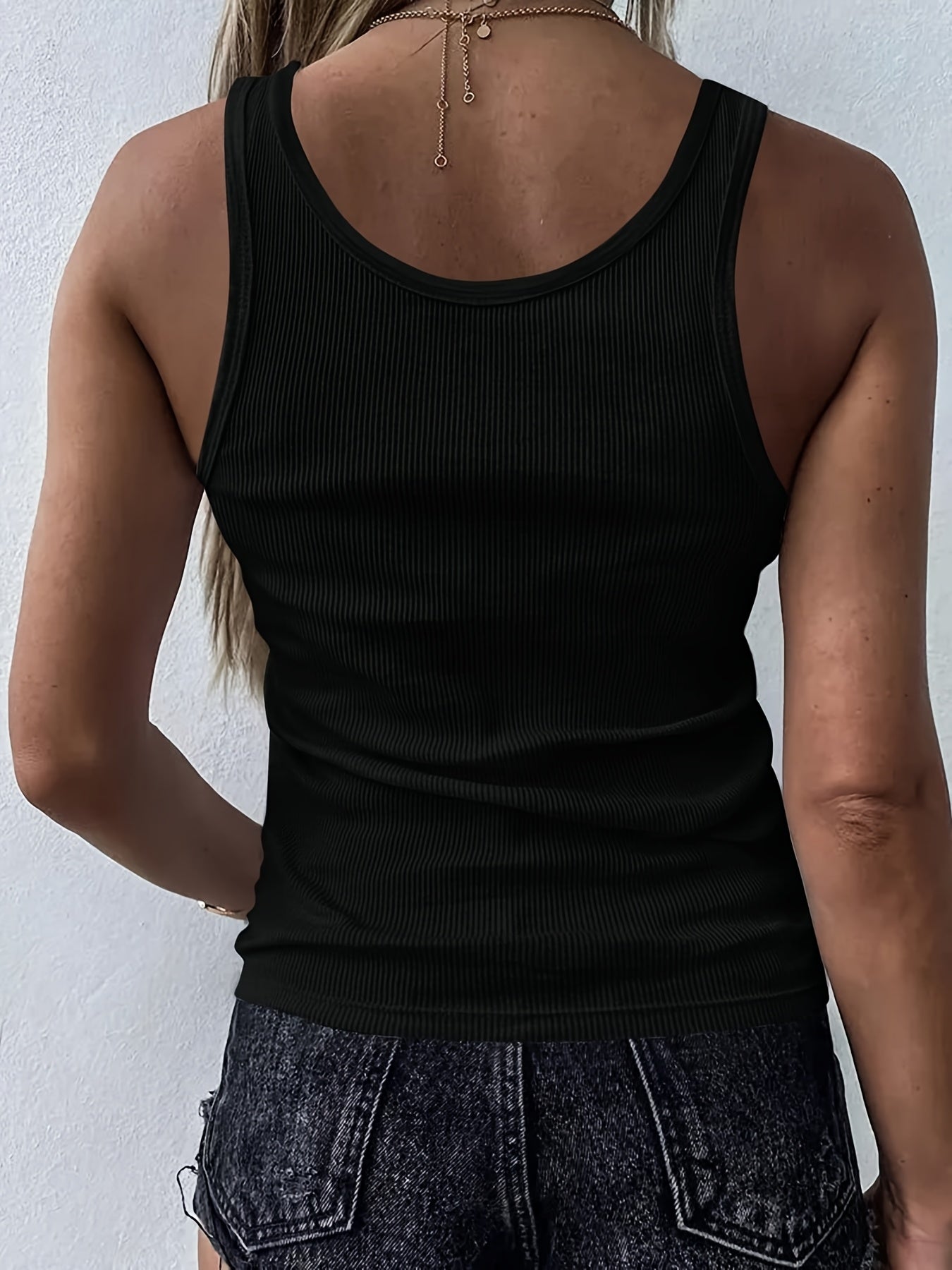 V Neck Rib Knit Tank Top Drawstring Casual Sleeveless