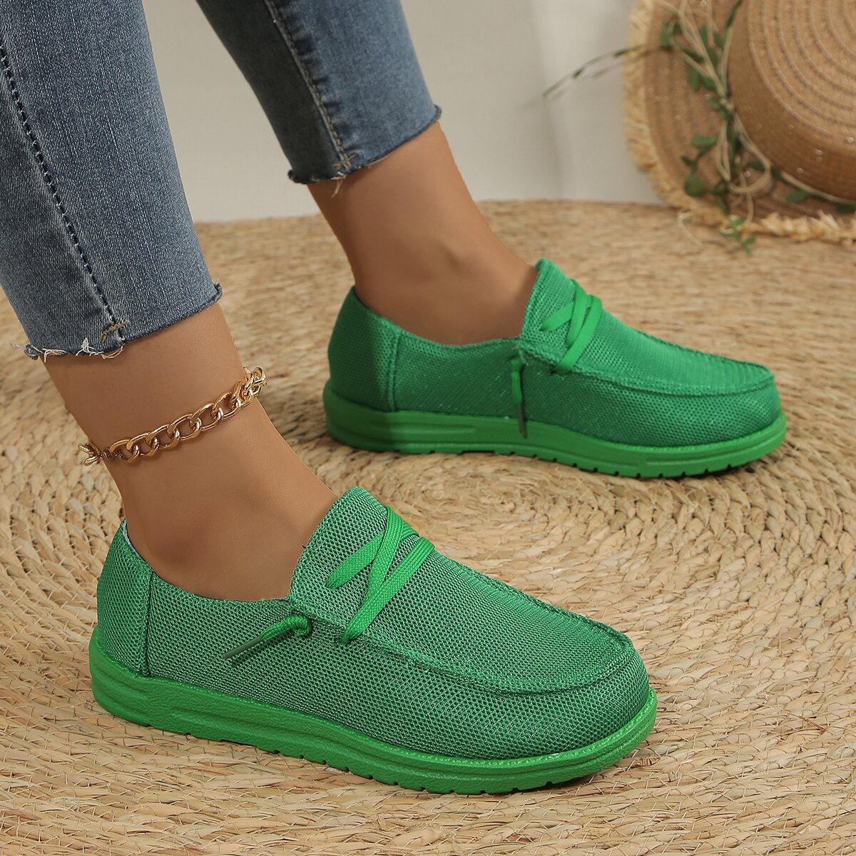 Womens Retro Lace Up Slip On Casual Shoes Sequins PU Upper