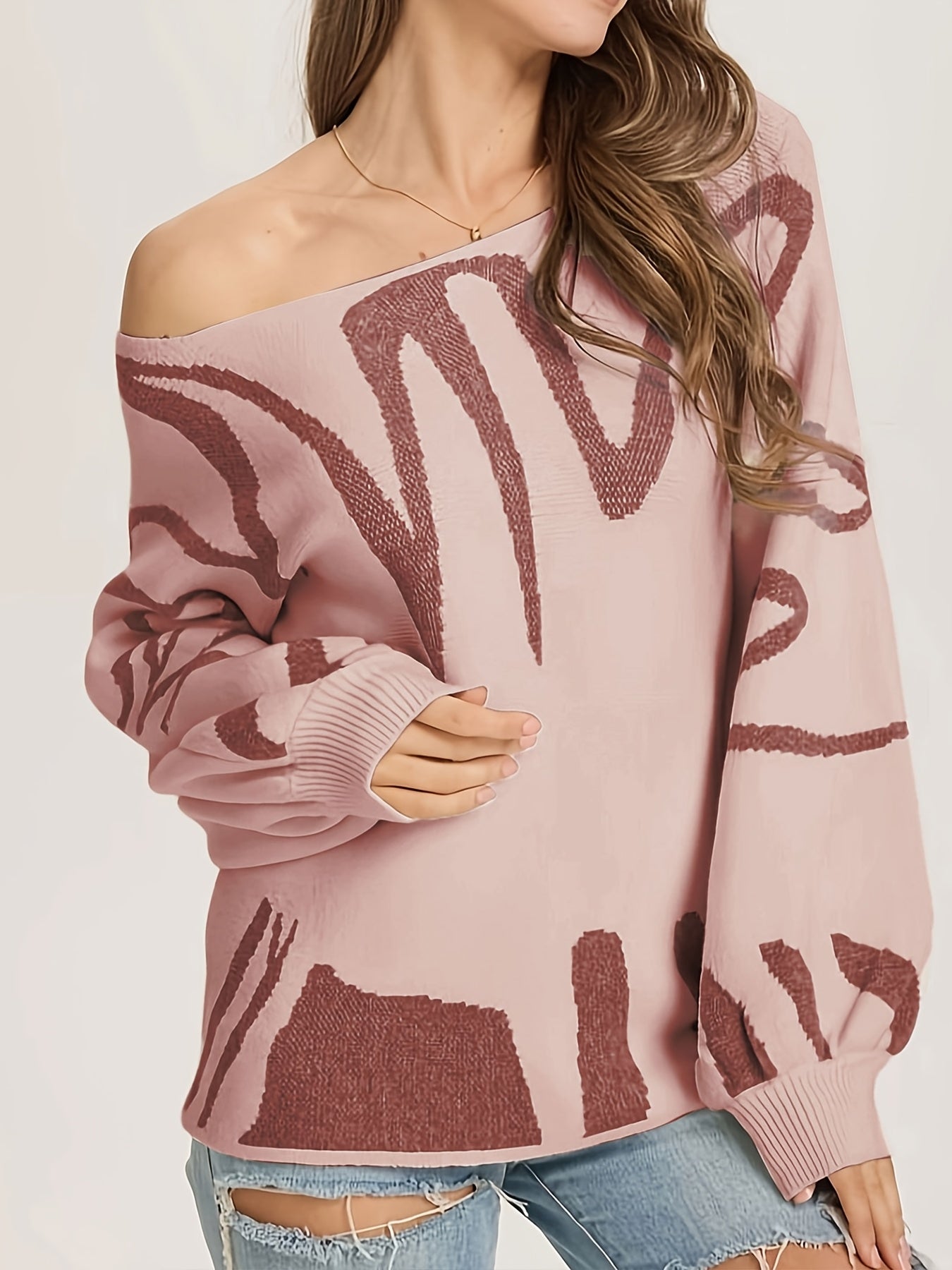 Random Pattern Boat Neck Pullover Sweater Lantern Sleeve