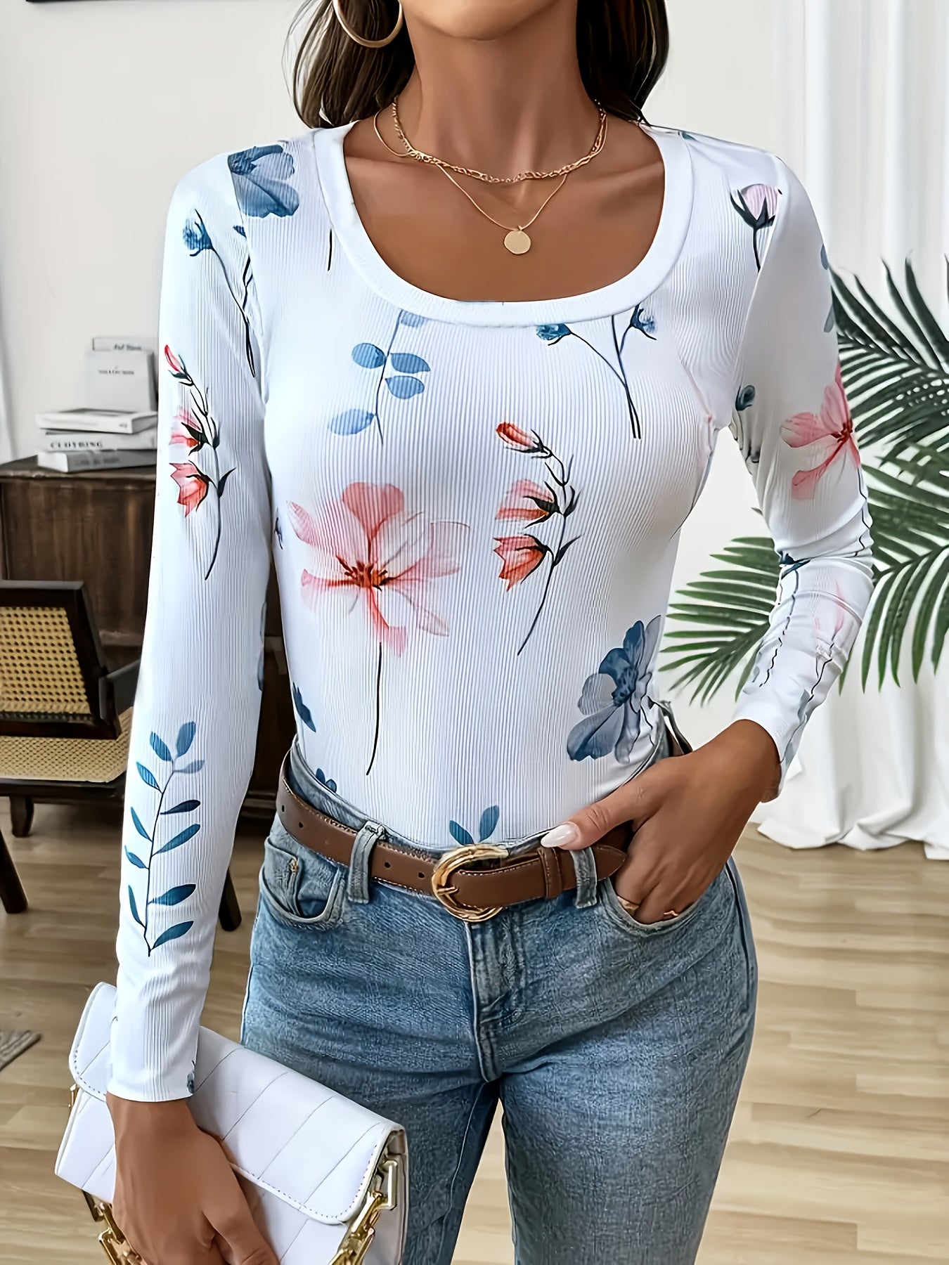 Casual Tie Dye Pullover Round Neck Ribbed Long Sleeve Shirt