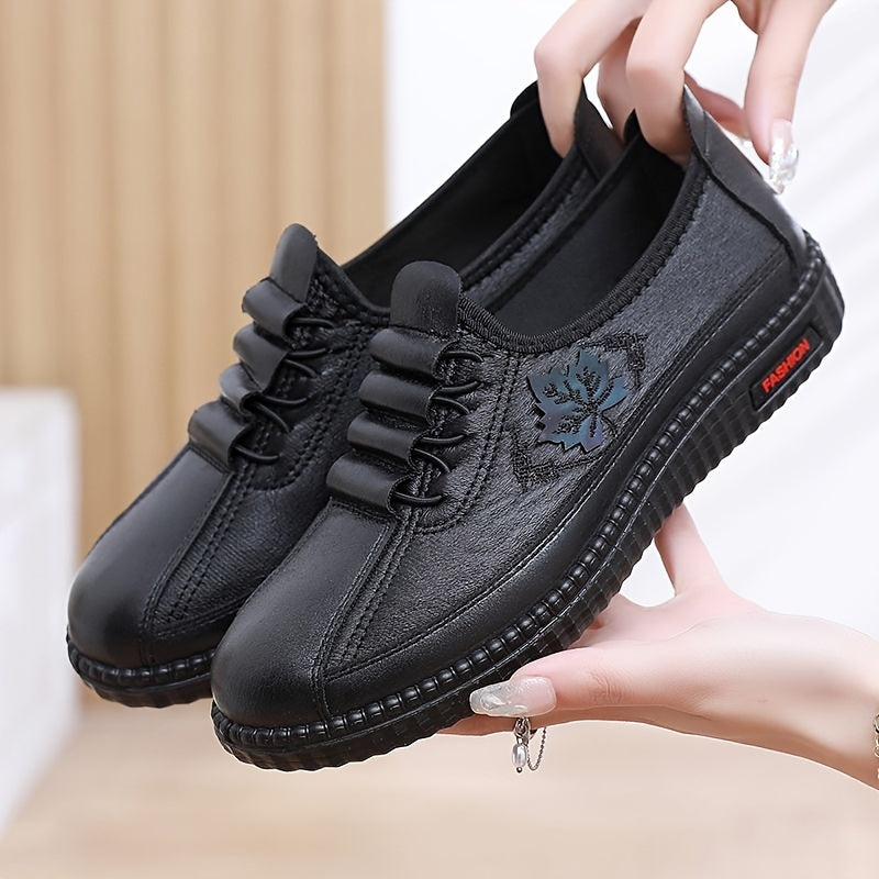 Women Genuine Loafers Non Slip Floral Pattern Lace Up Shoes