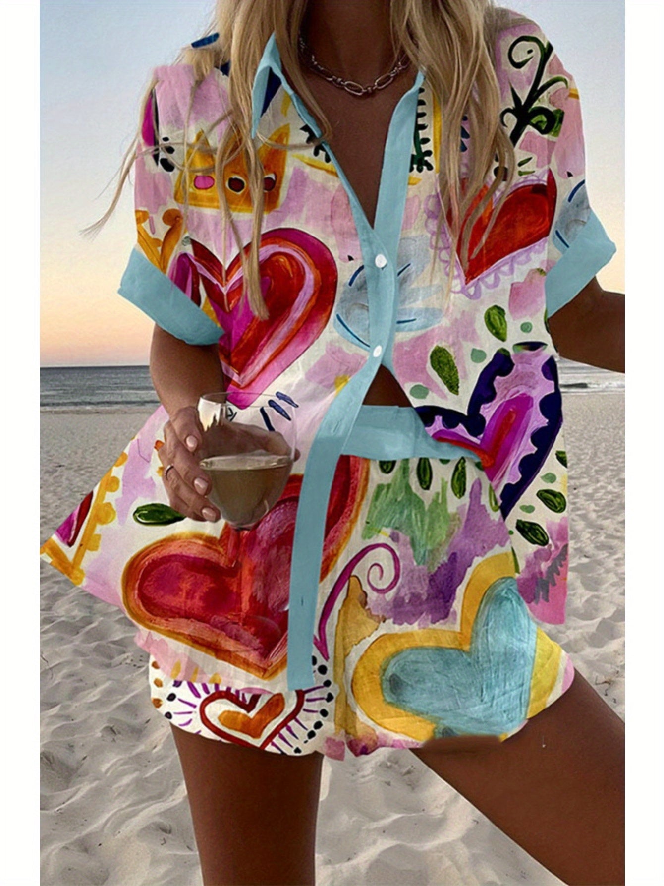 Spring Summer Fashion Women Printed Loose Short Sleeve Set