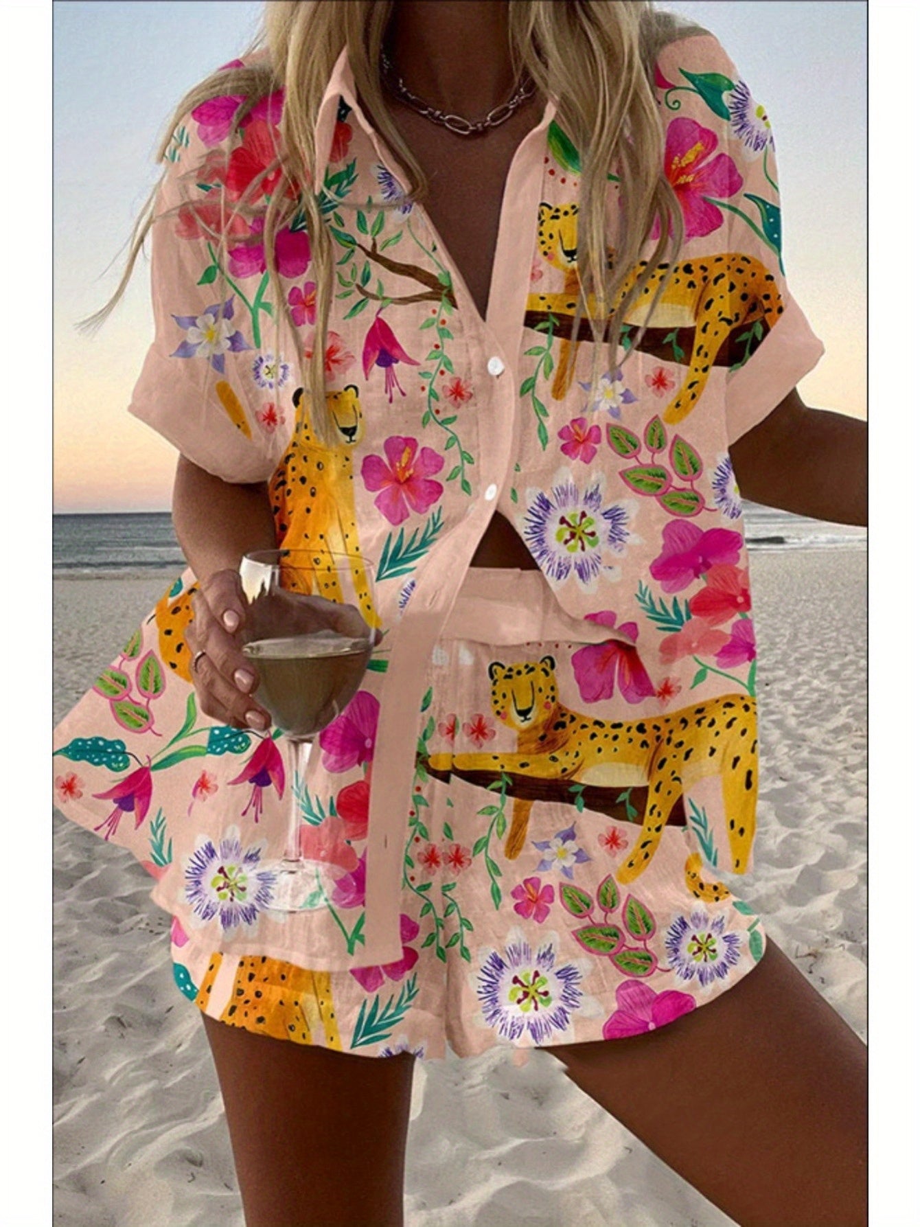 Spring Summer Fashion Women Printed Loose Short Sleeve Set