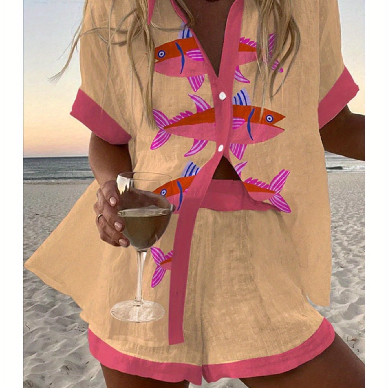 Spring Summer Fashion Women Printed Loose Short Sleeve Set