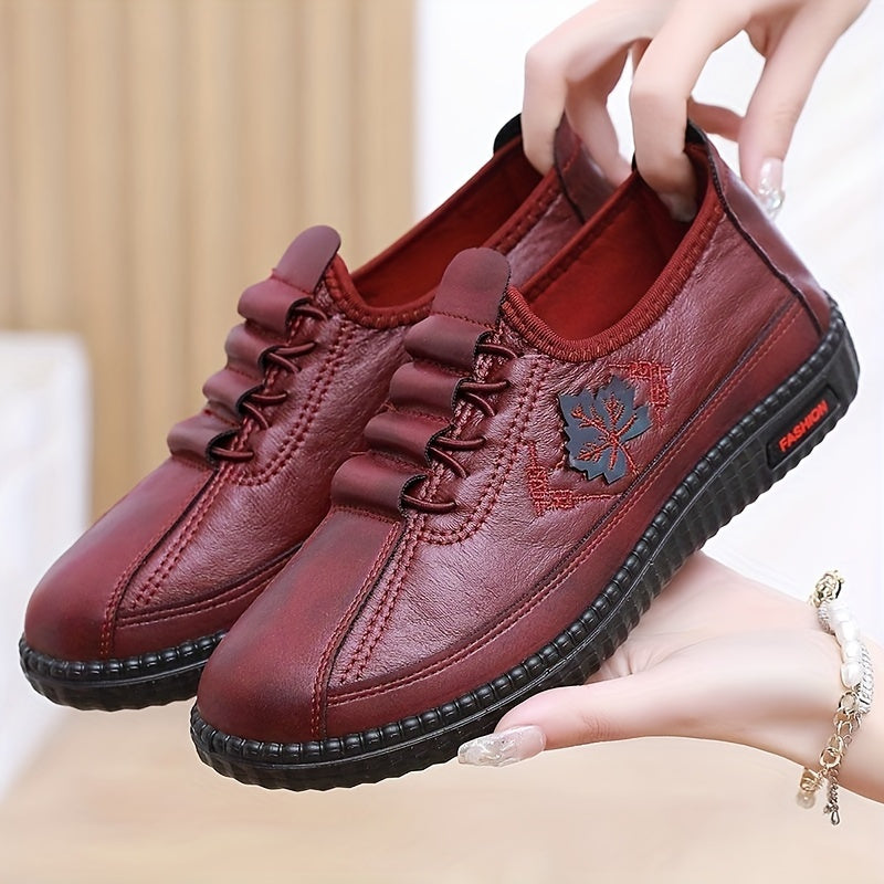 Women Genuine Loafers Non Slip Floral Pattern Lace Up Shoes