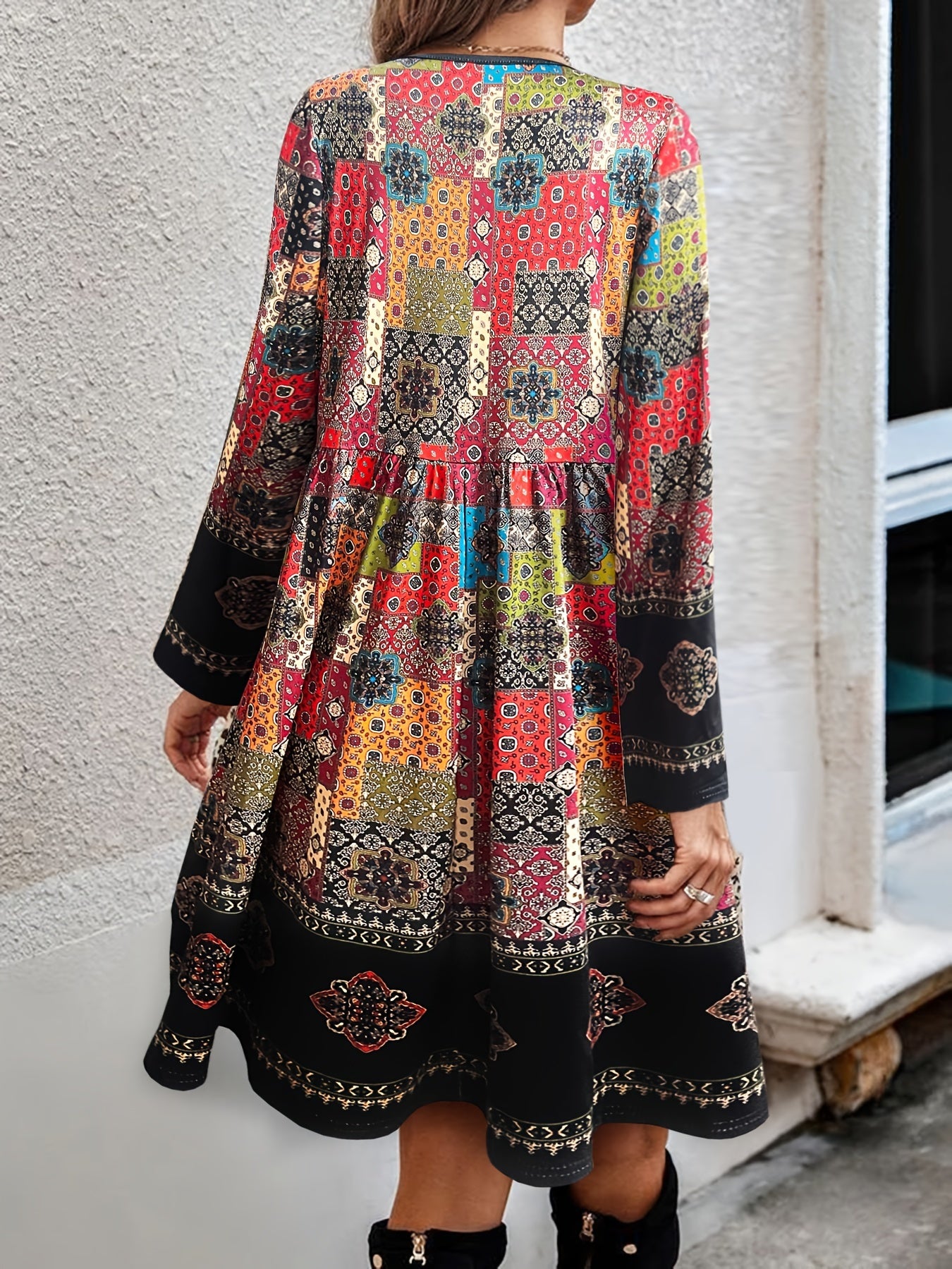 Boho Chic V Neck Dress With Tribal Embroidered Print