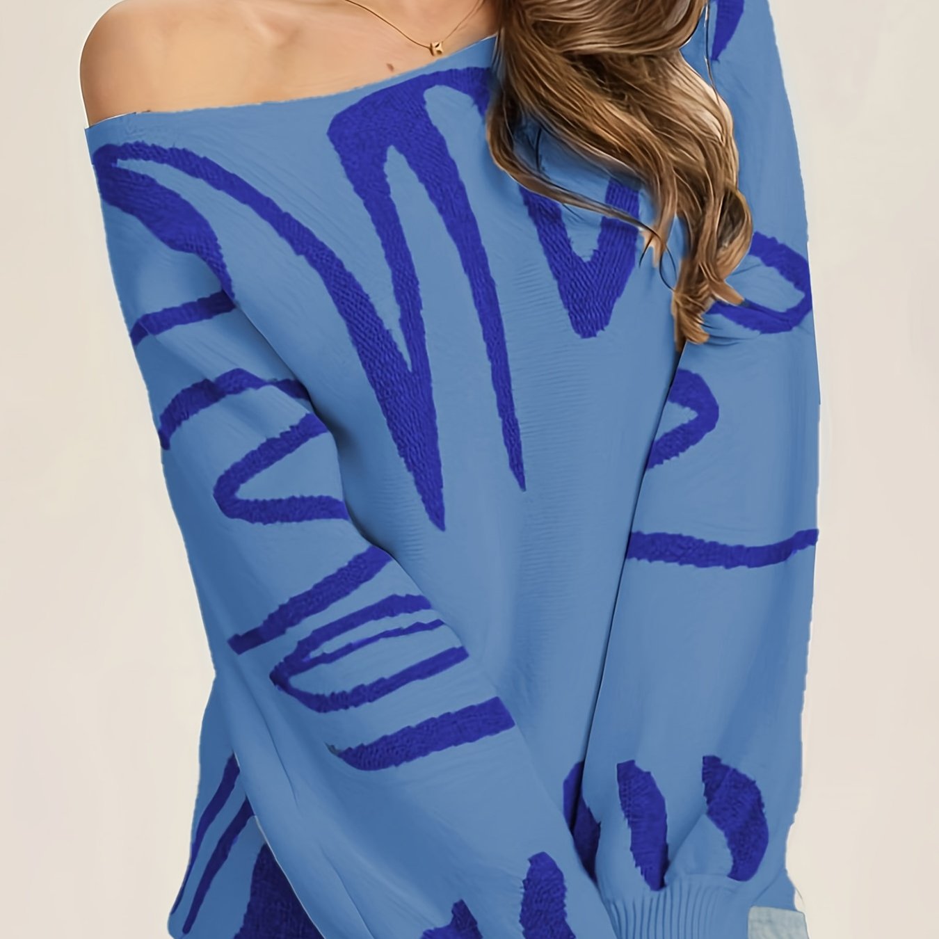 Random Pattern Boat Neck Pullover Sweater Lantern Sleeve