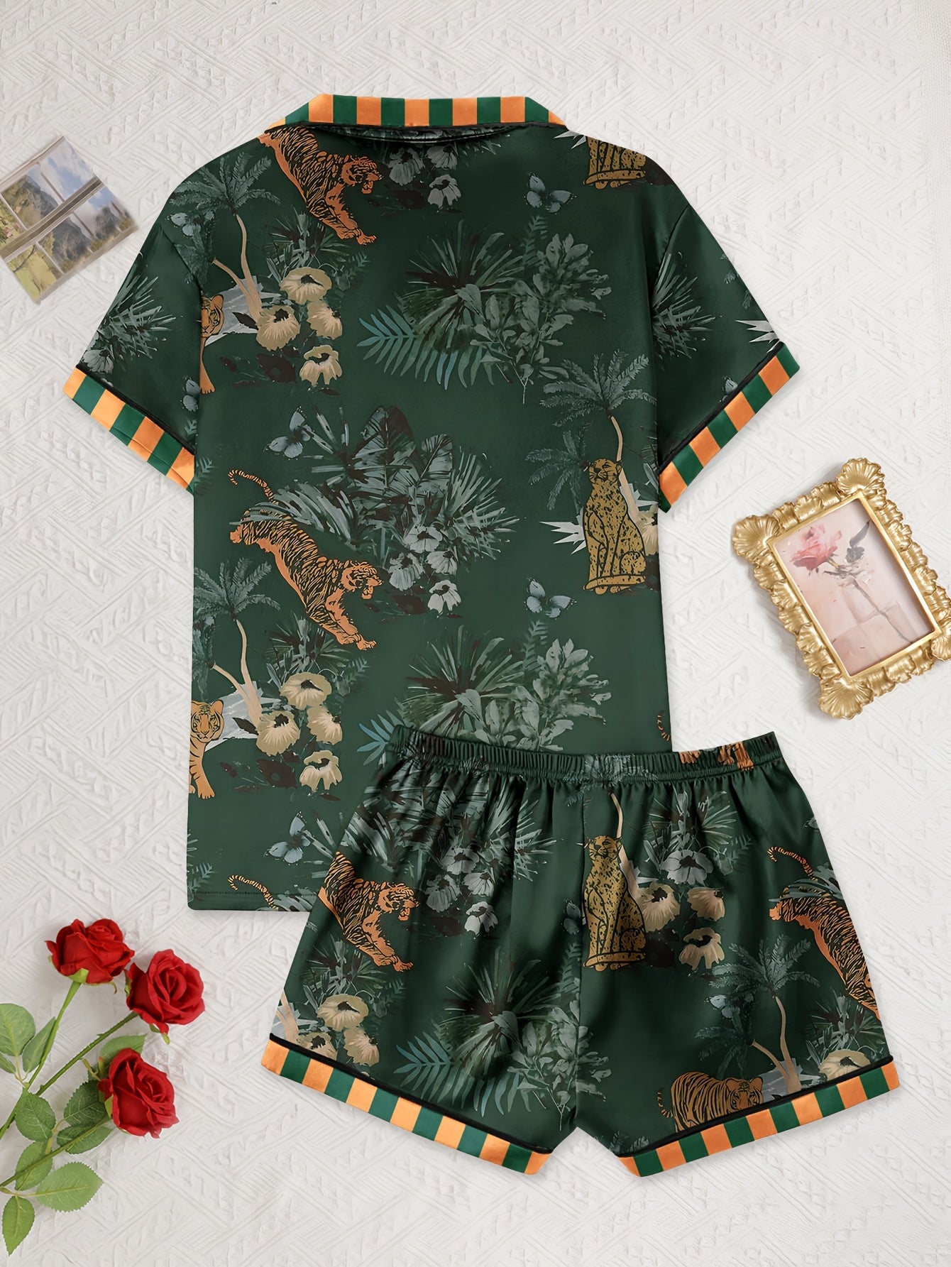 Jungle Print Satin Polyester Womens Casual Loungewear Set