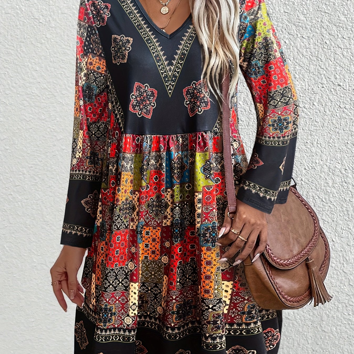 Boho Chic V Neck Dress With Tribal Embroidered Print