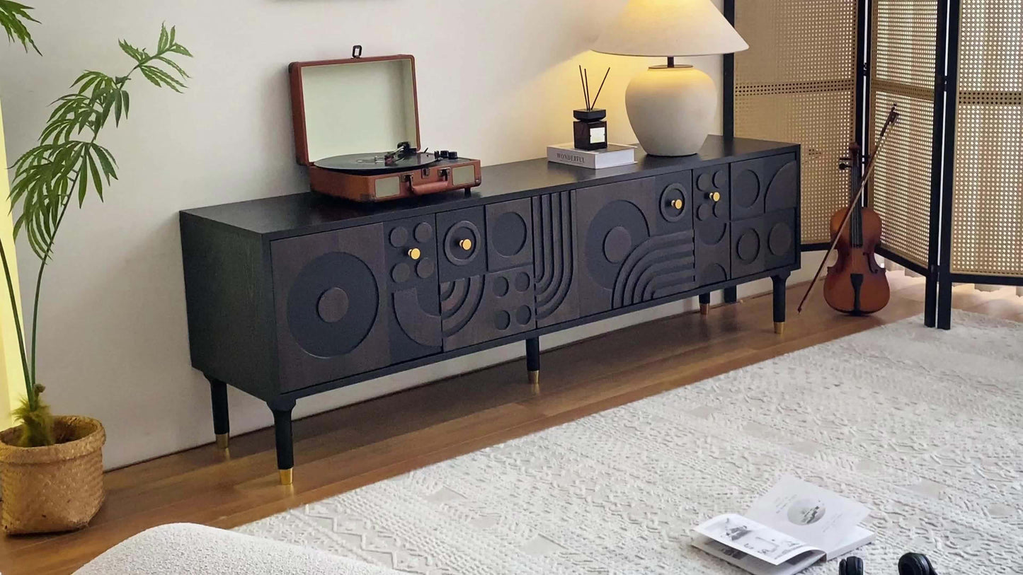 Mid Century Modern TV Stand With Four Cabinets And Wheels