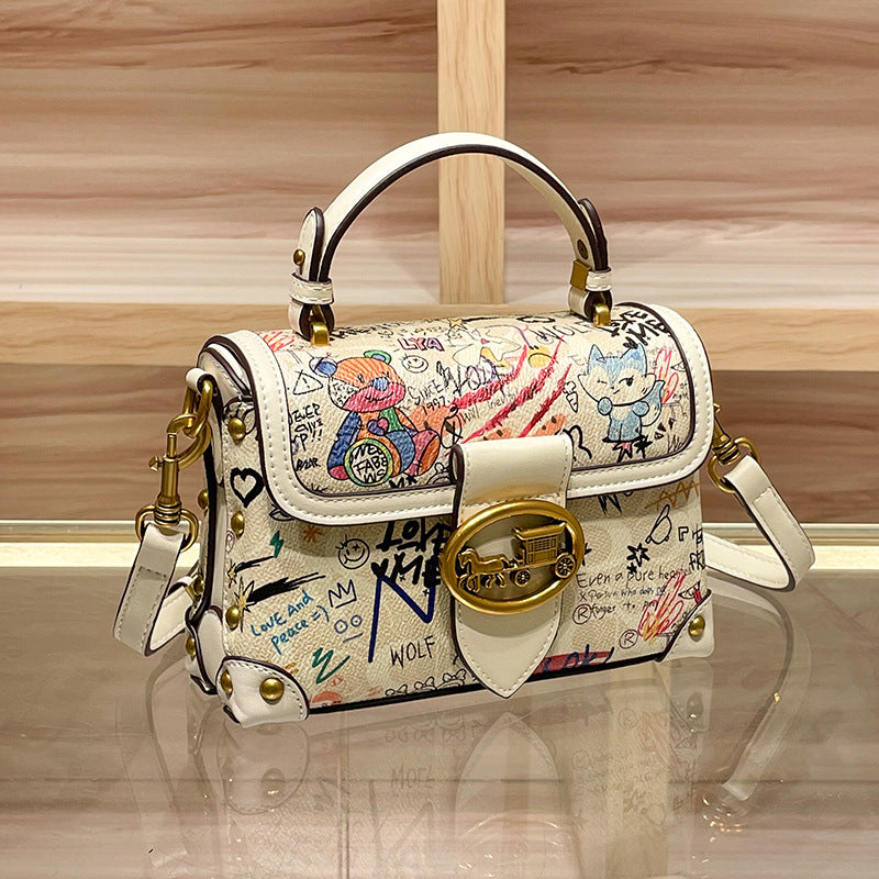 Genuine Leather Graffiti Bear Crossbody Handbag With Zipper
