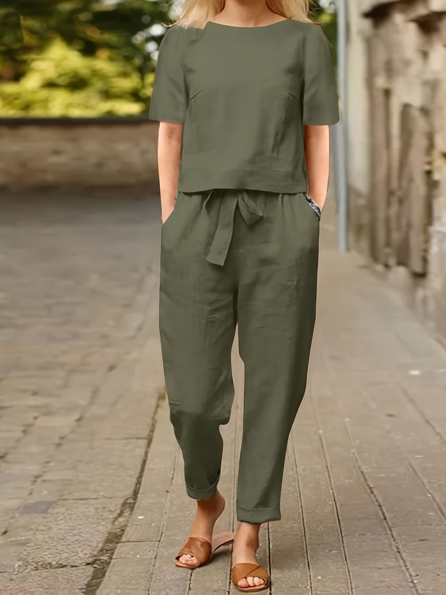 Cotton Womens 2 Piece Short Sleeve Wide Leg Pajama Set