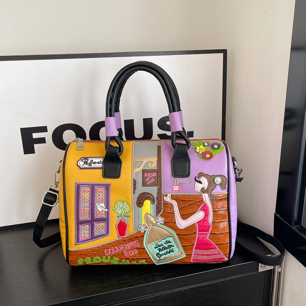 Boho Chic Boston Bag With Embroidery Patchwork Crossbody