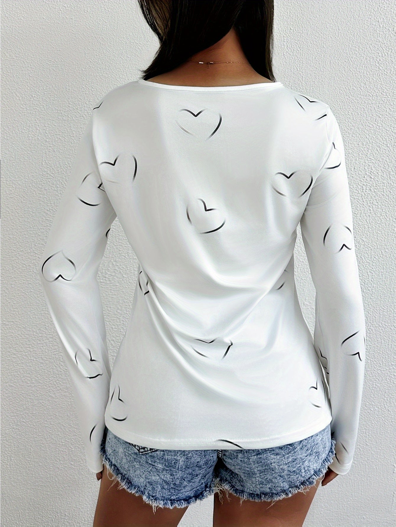 Womens Casual V Neck Long Sleeve T Shirt With Heart Print