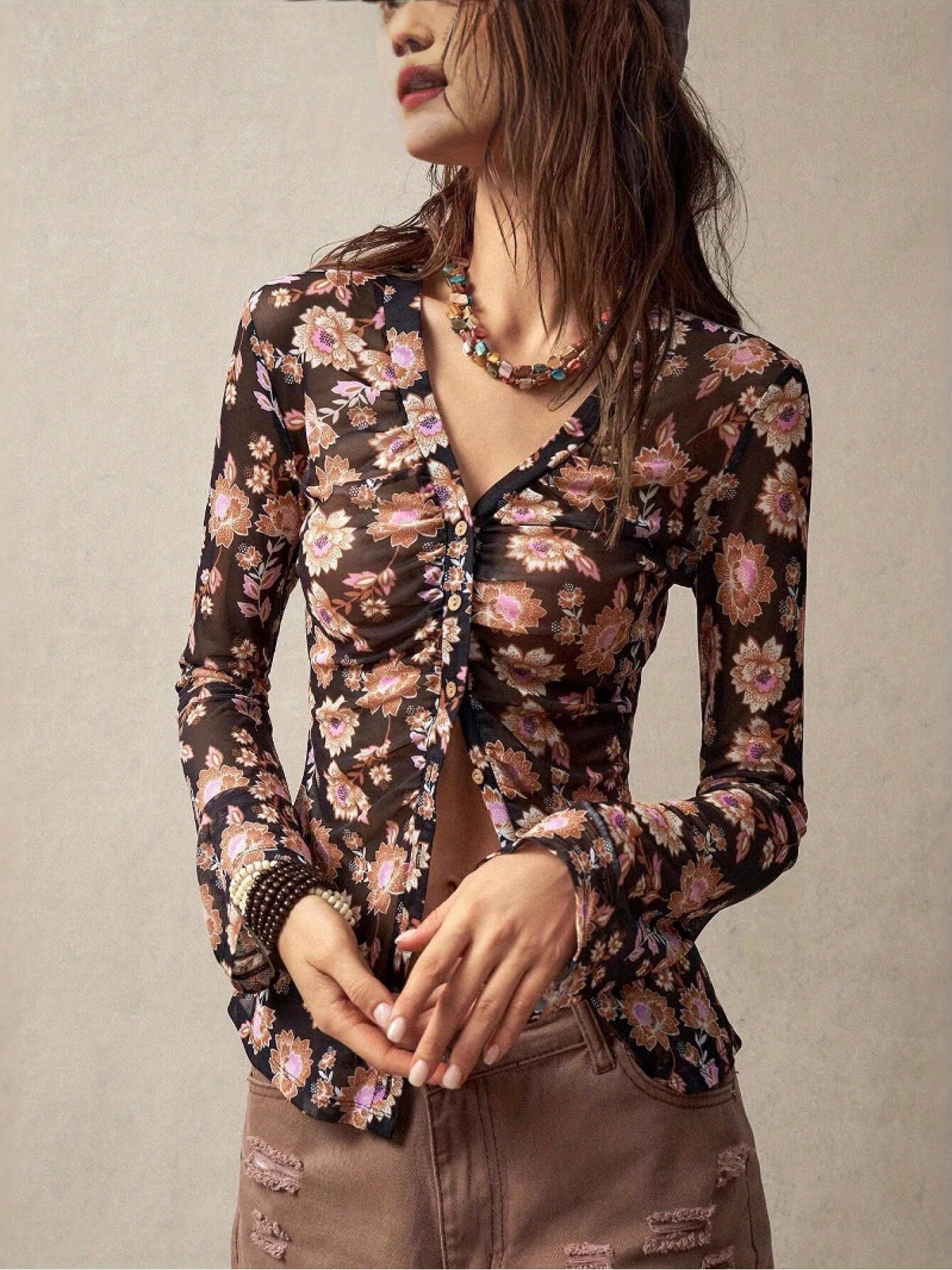 SCACTO Floral Print V Neck Shirt For Everyday Casual Wear